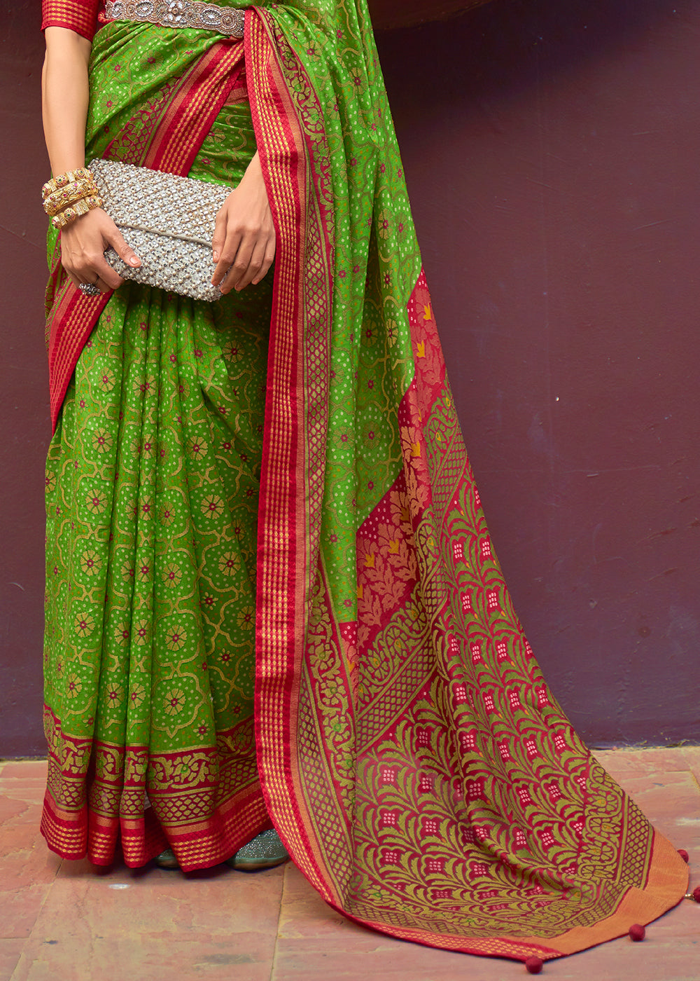 SHAMROCK GREEN WOVEN PURE BRASSO CHIFFON SAREE