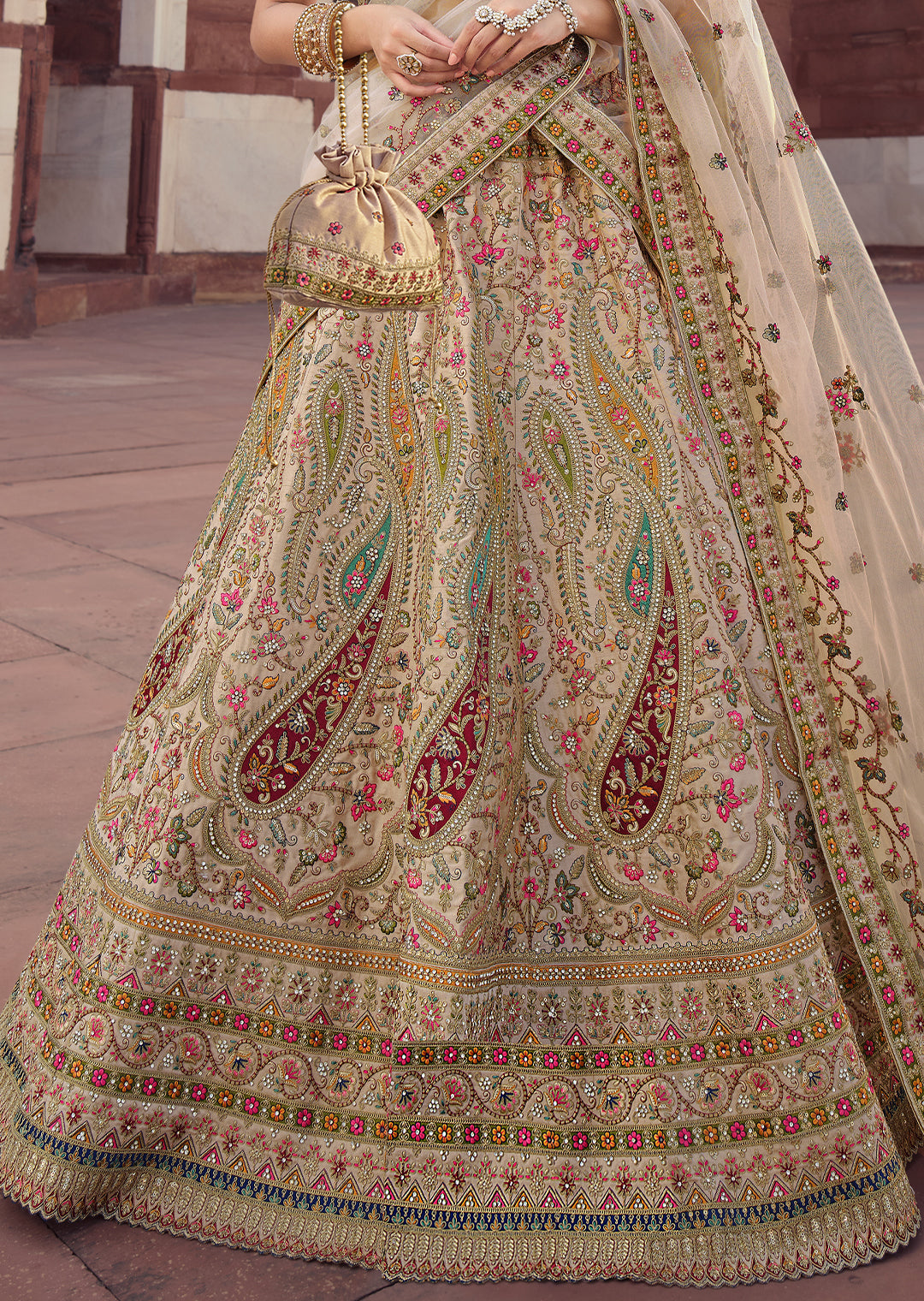 PARCHMENT OFFWHITE	HEAVY EMBROIDERED DESIGNER BRIDAL LEHENGA
