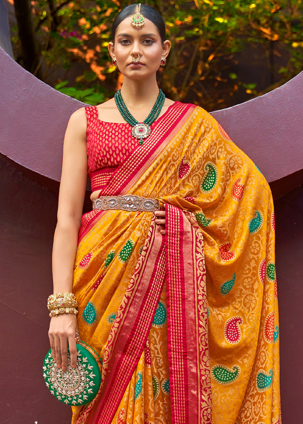 MUSTARD YELLOW WOVEN PURE BRASSO CHIFFON SAREE