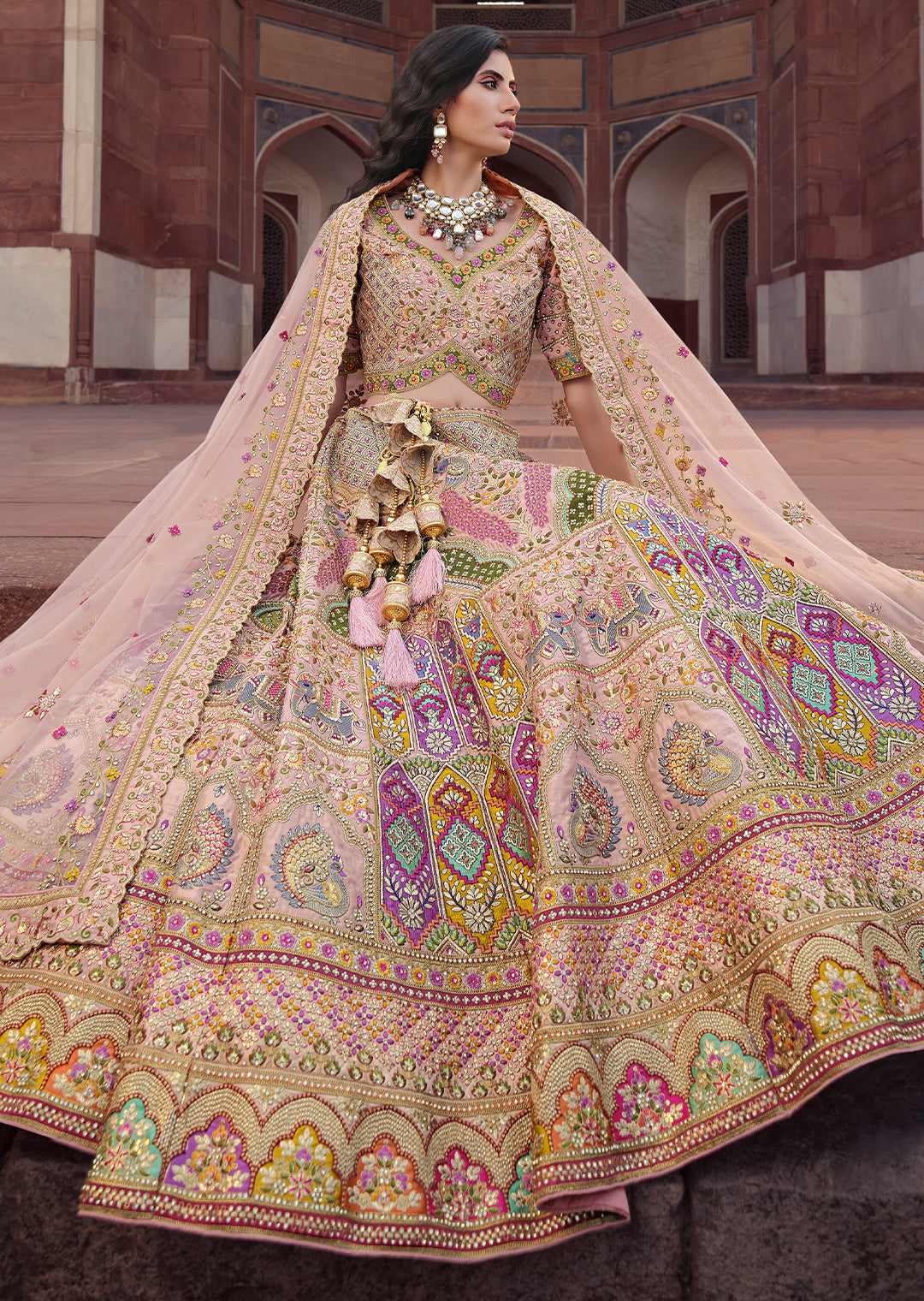 LEMONADE PINK HEAVY EMBROIDERED DESIGNER BRIDAL LEHENGA