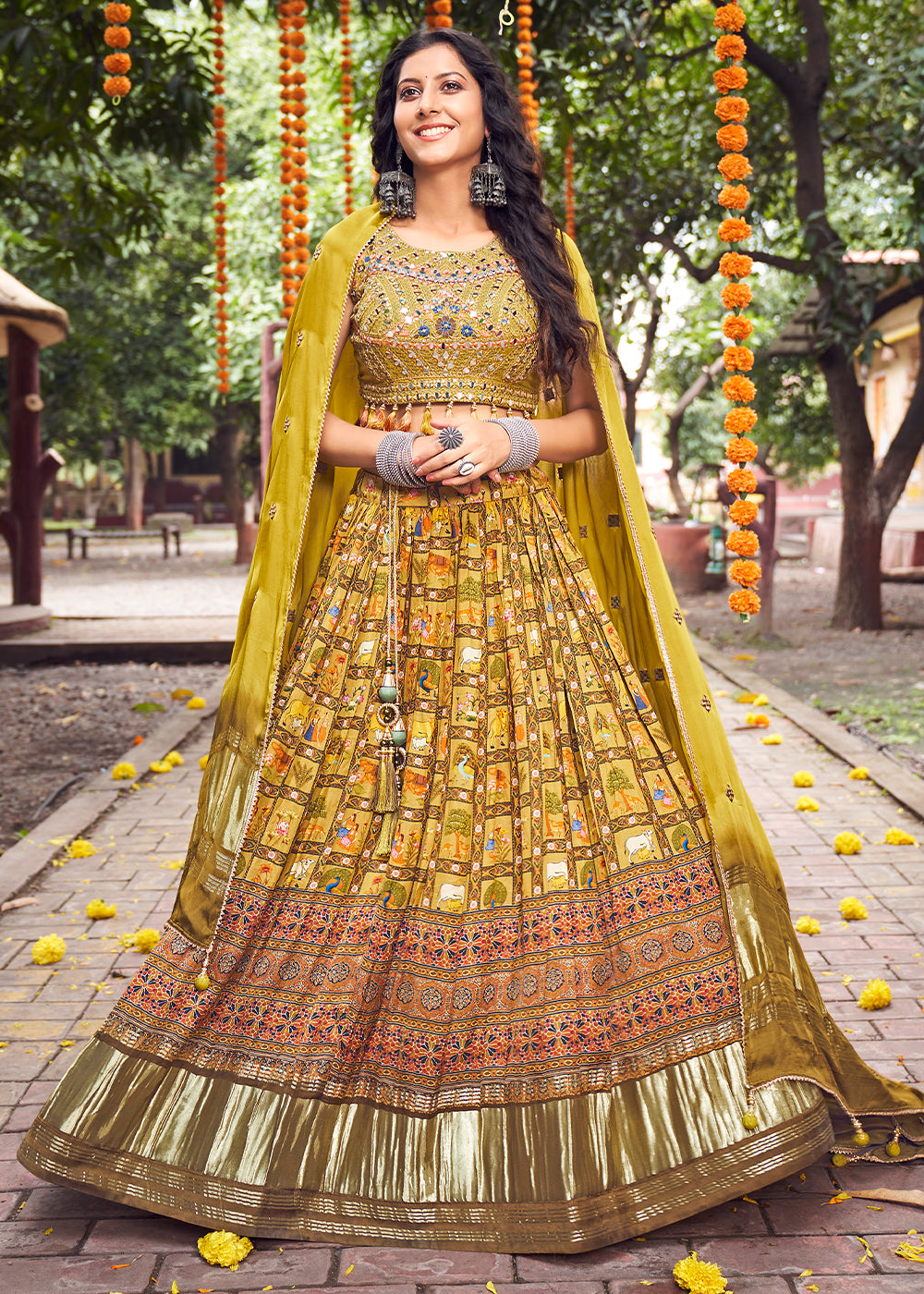 Buy Daisy Yellow Lehenga Set With Gold Butis, Thread Work Blouse and Mirror  Details Online