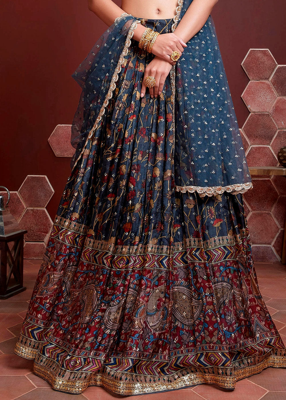 PRUSSIAN BLUE SILK LEHENGA WITH HEAVY EMBROIDERED BLOUSE