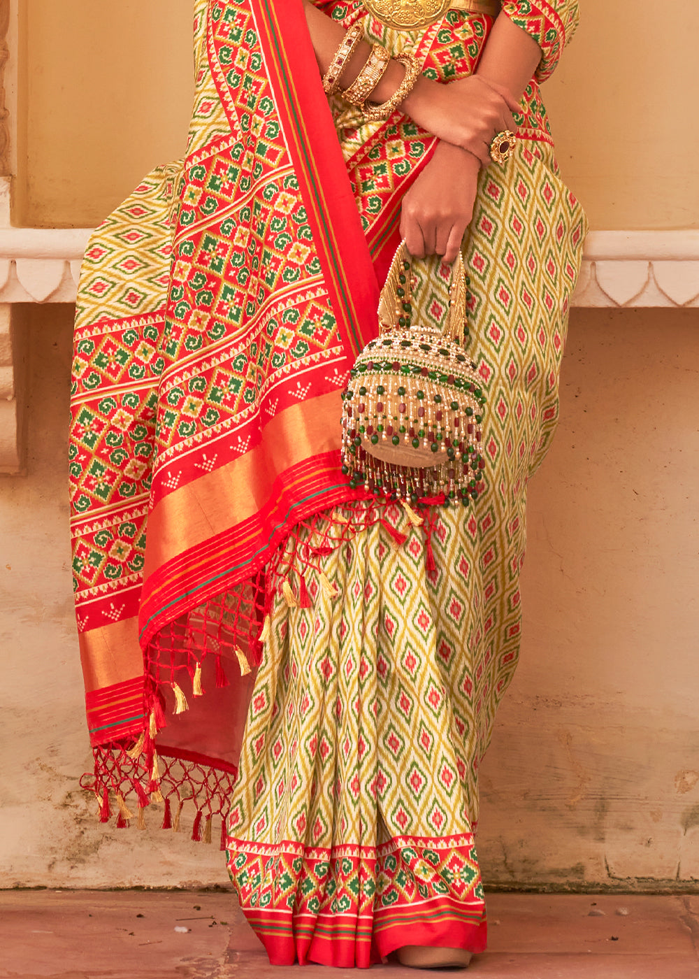 White And Green Patola Woven Half N Half Saree 2908SR10