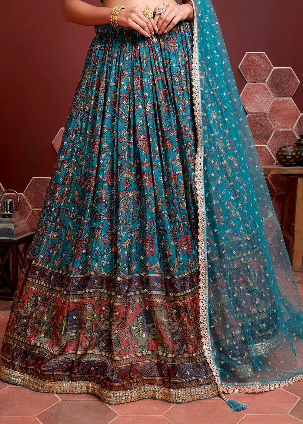 STEEL BLUE SILK LEHENGA WITH HEAVY EMBROIDERED BLOUSE