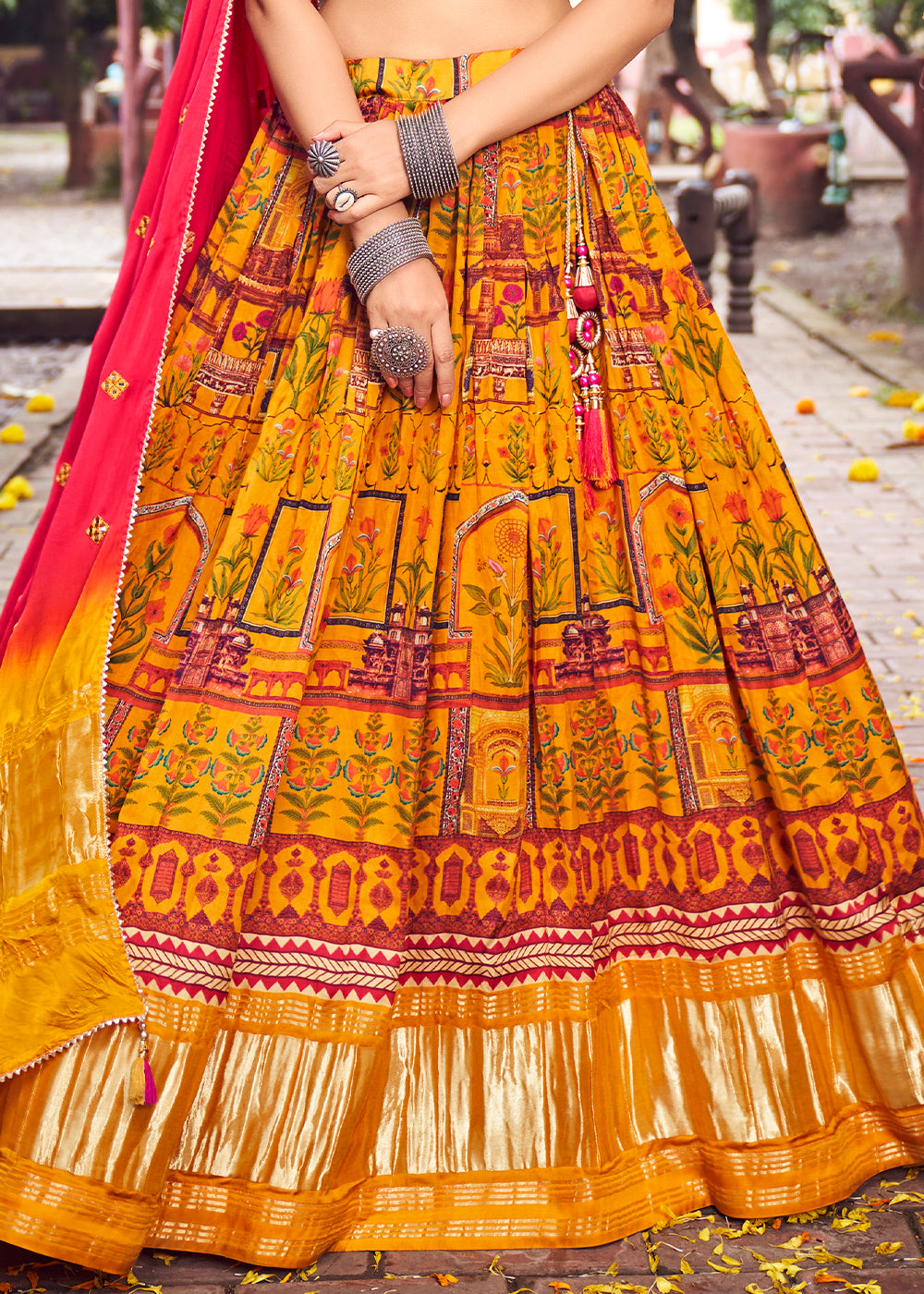 MUSTARD YELLOW WOVEN LAGDI PATTA GAJJI SILK LEHENGA WITH HEAVY HANDWORKED BLOUSE