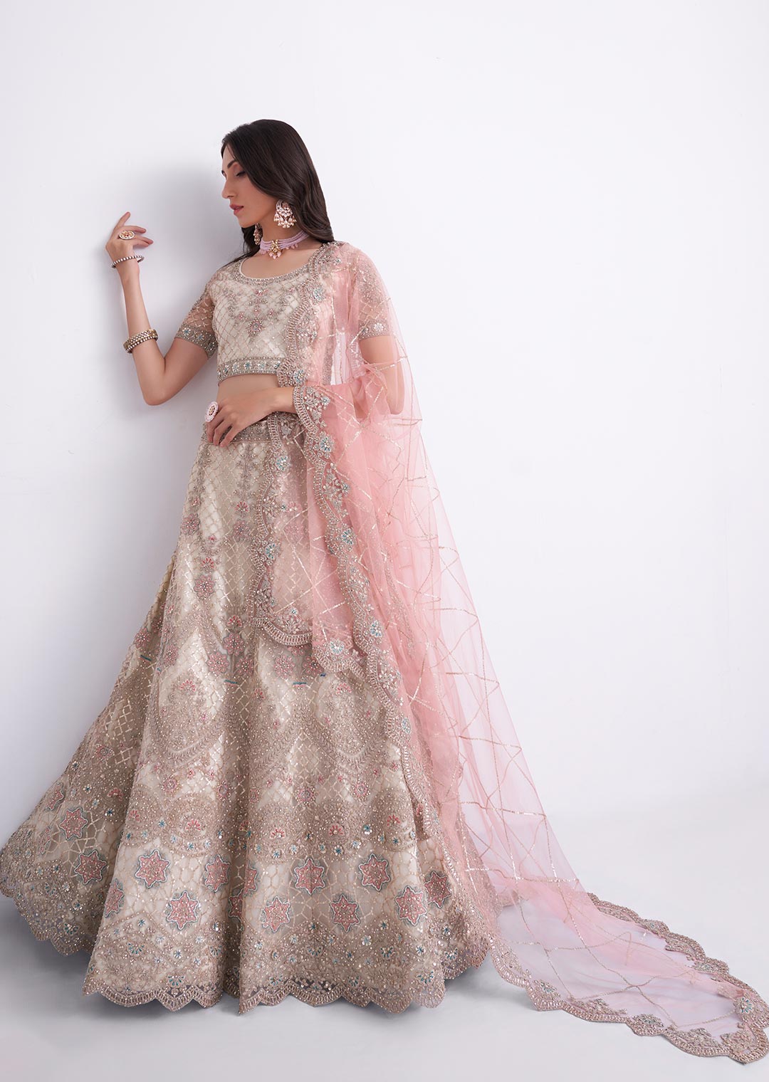 Pearl & Mirror work heavy handwork formal lehenga set in kali-design with  intricate work and tassel finishes - Pallavi Haute Couture