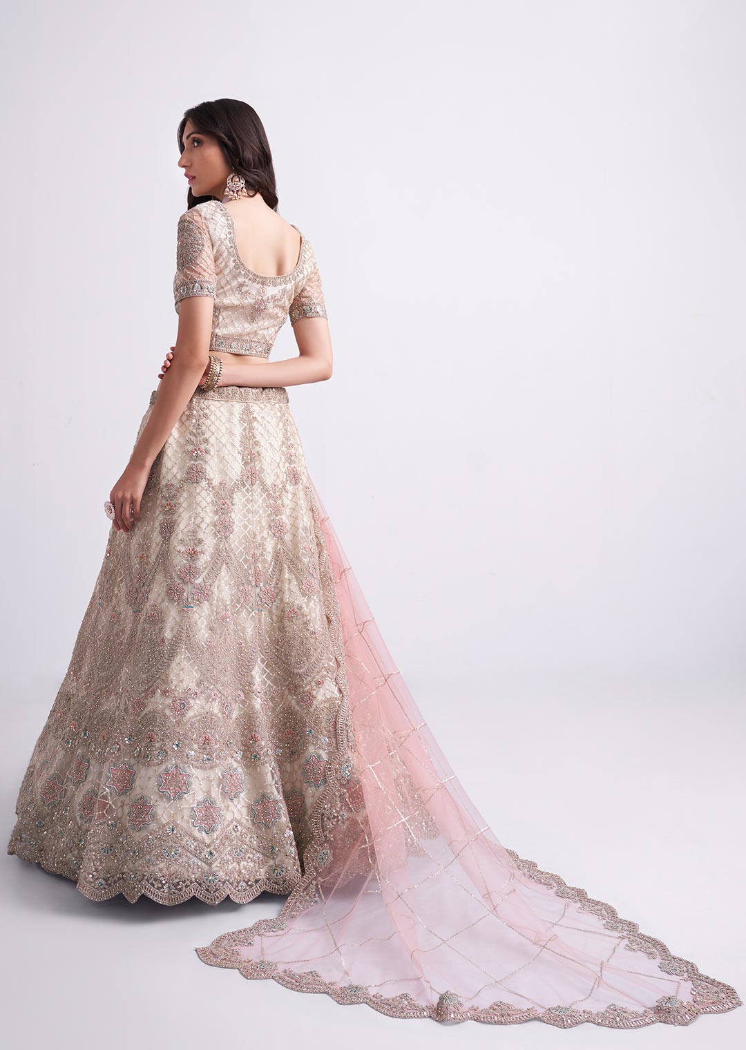 PEARL WHITE AND PINK HEAVY EMBROIDERED DESIGNER BRIDAL LEHENGA