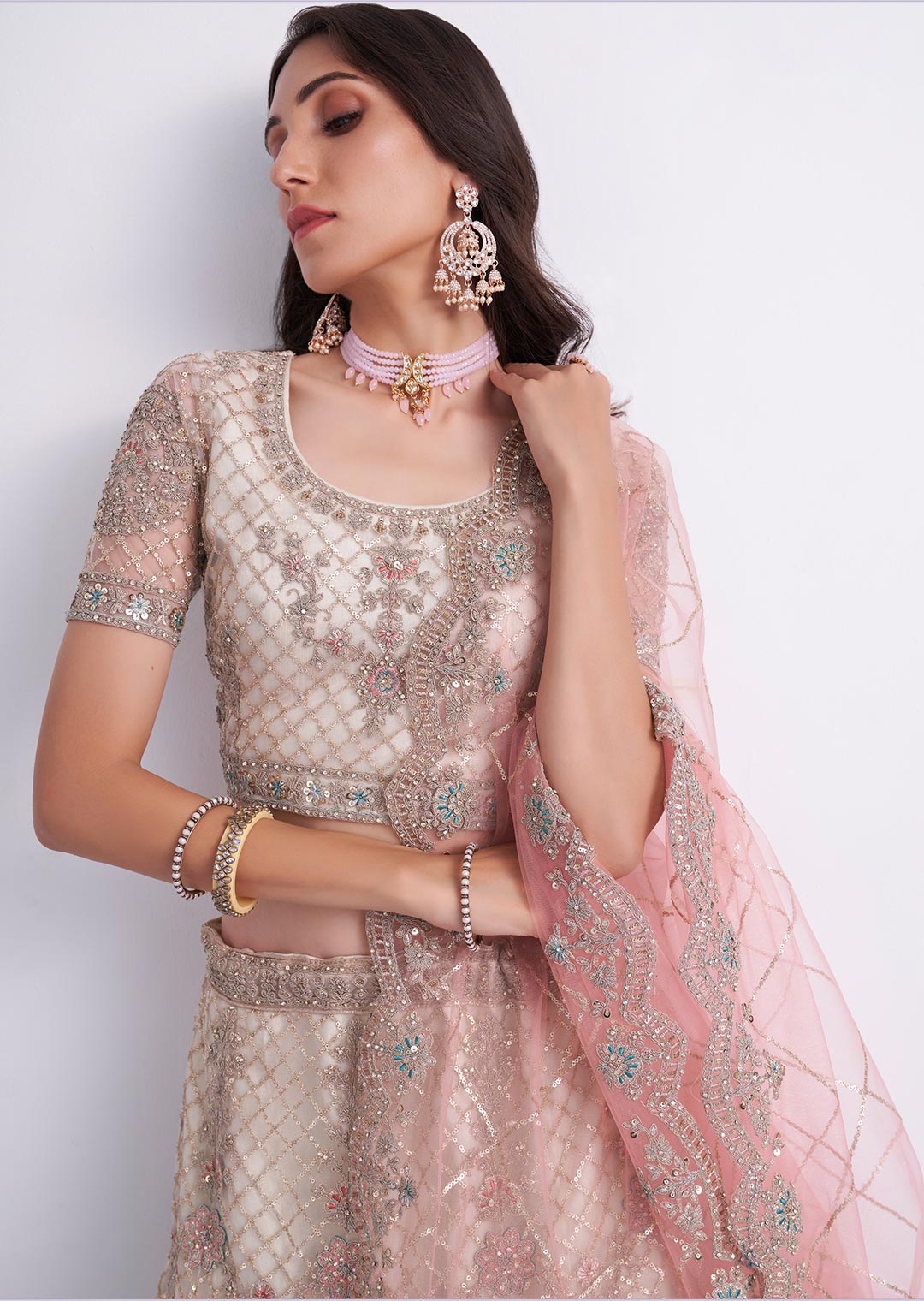 PEARL WHITE AND PINK HEAVY EMBROIDERED DESIGNER BRIDAL LEHENGA