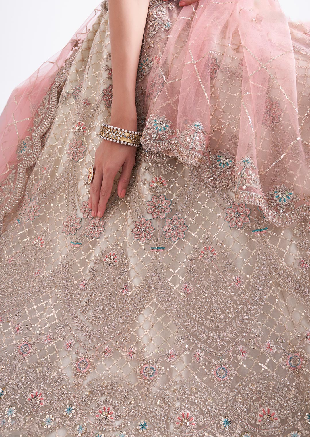 PEARL WHITE AND PINK HEAVY EMBROIDERED DESIGNER BRIDAL LEHENGA