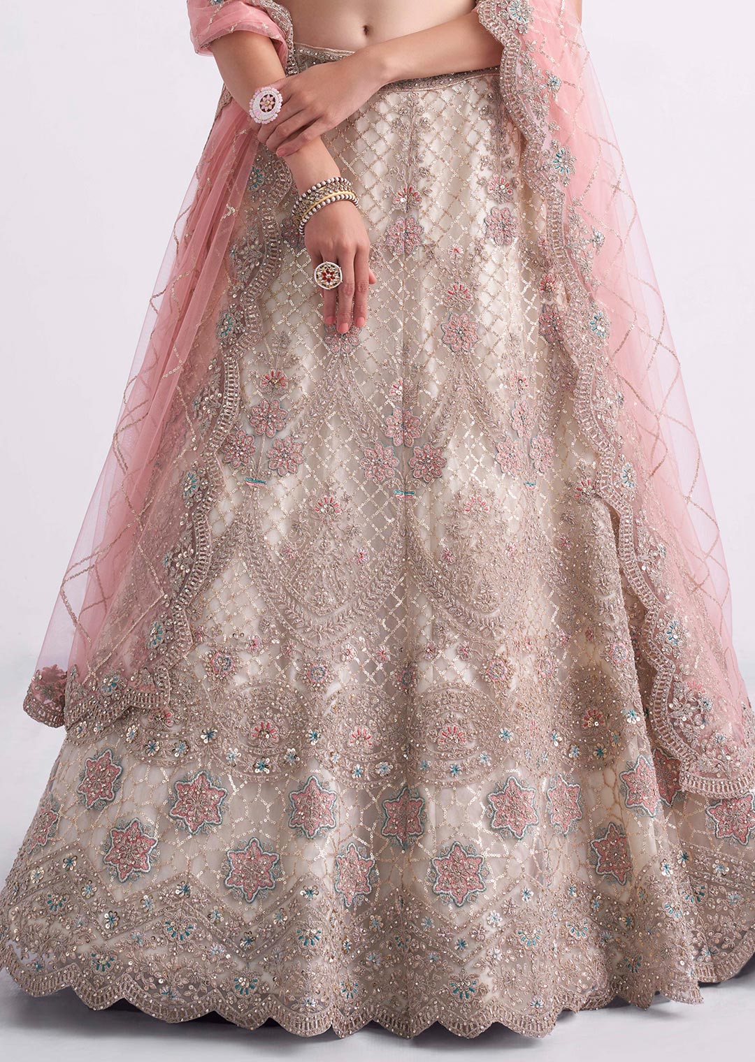 PEARL WHITE AND PINK HEAVY EMBROIDERED DESIGNER BRIDAL LEHENGA