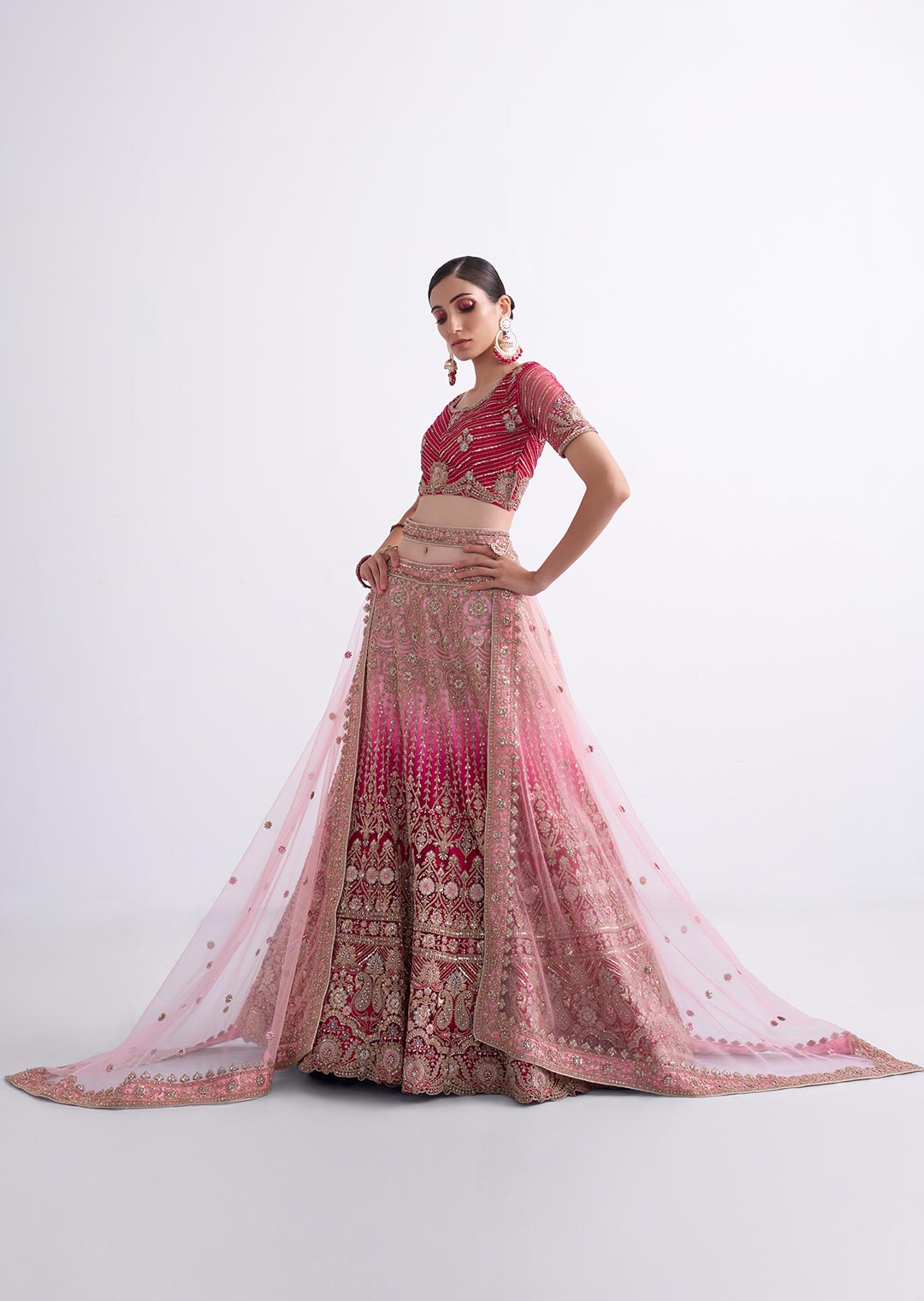 CHERRY RED HEAVY EMBROIDERED DESIGNER BRIDAL LEHENGA