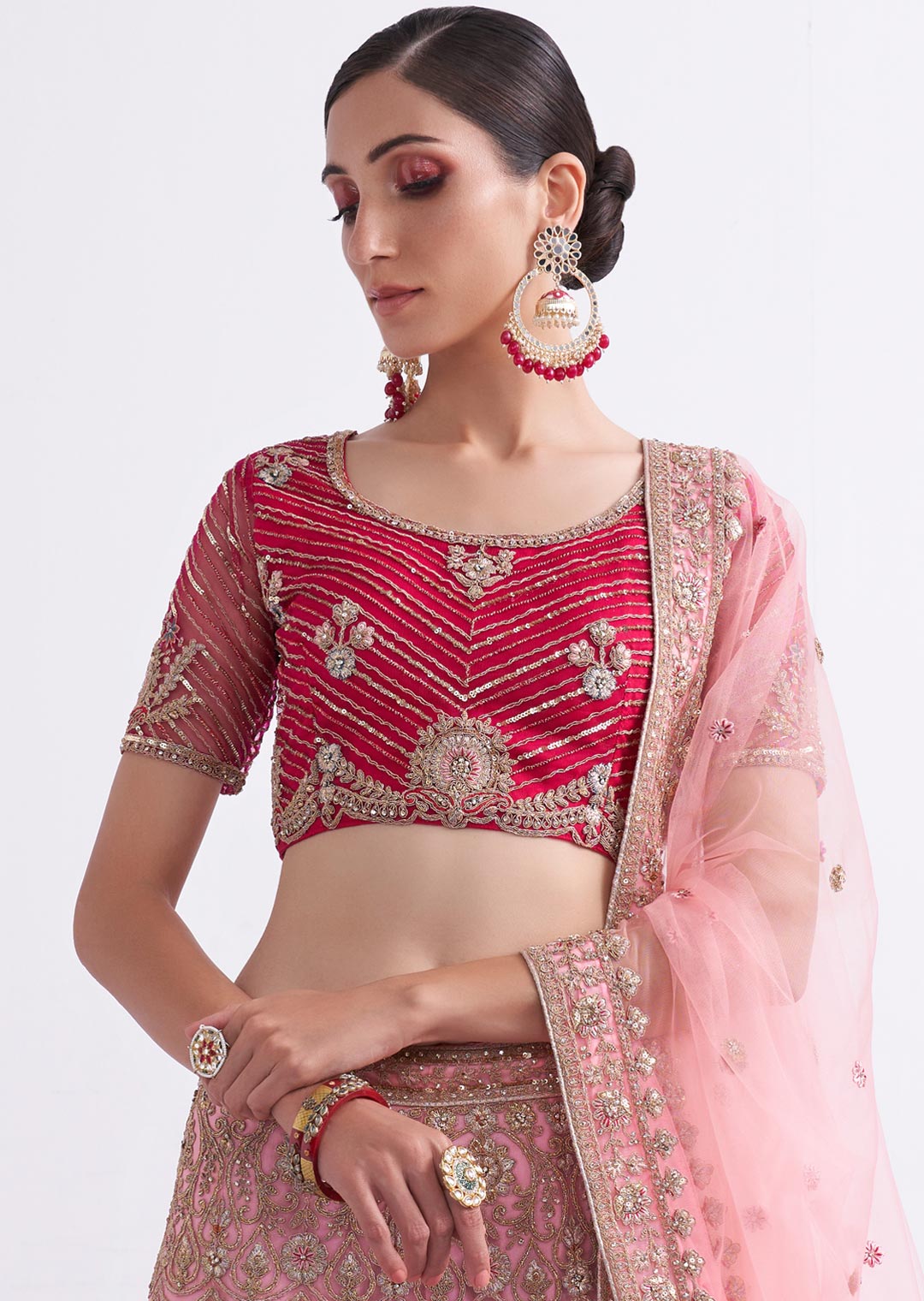 CHERRY RED HEAVY EMBROIDERED DESIGNER BRIDAL LEHENGA