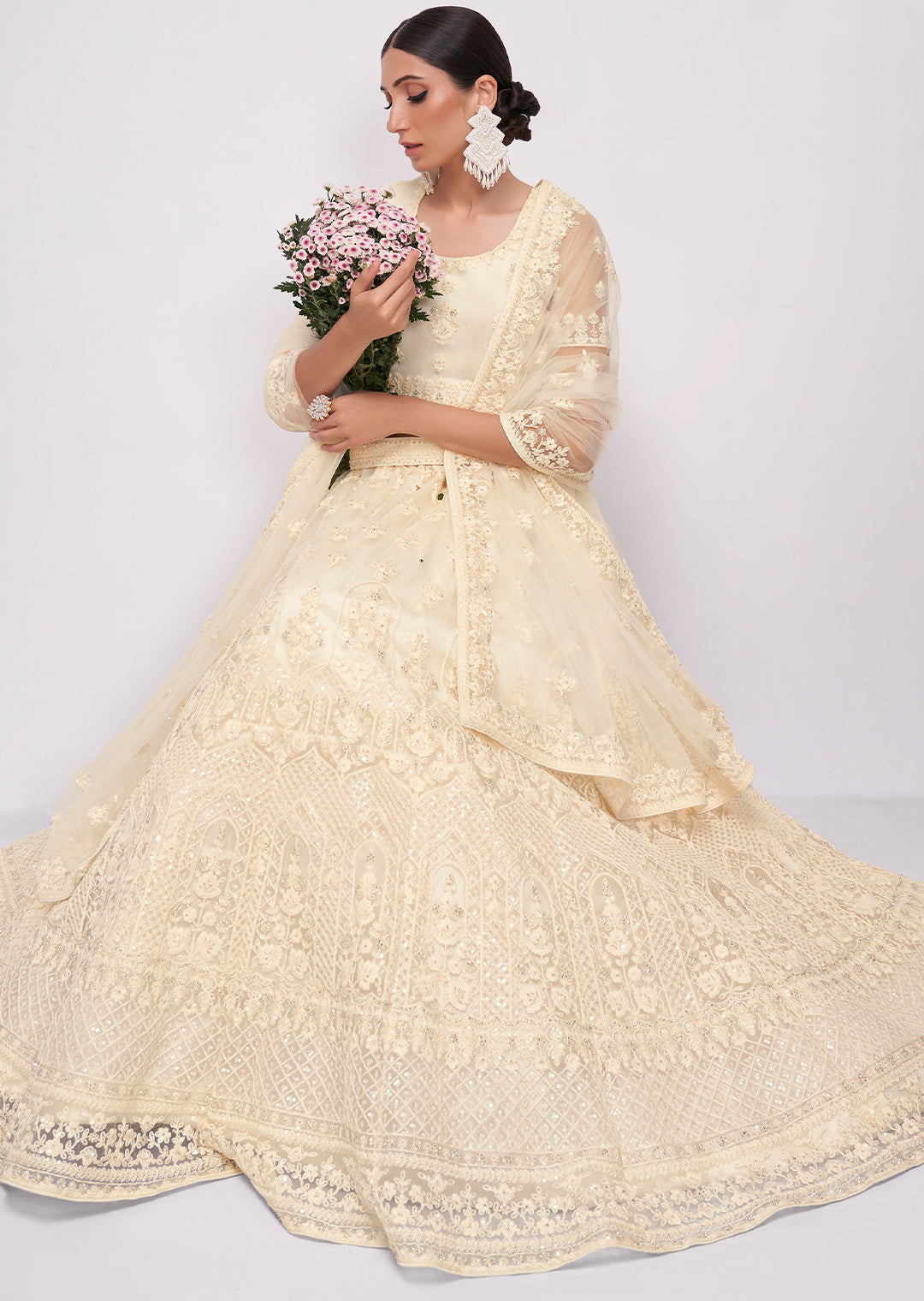 PEARL WHITE HEAVY EMBROIDERED PREMIUM NET DESIGNER LEHENGA