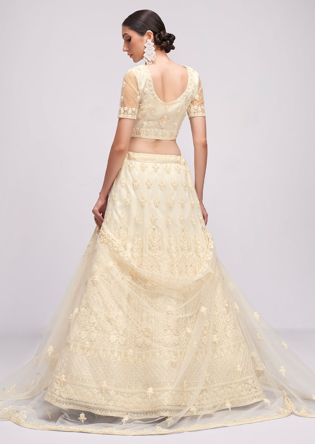 PEARL WHITE HEAVY EMBROIDERED PREMIUM NET DESIGNER LEHENGA