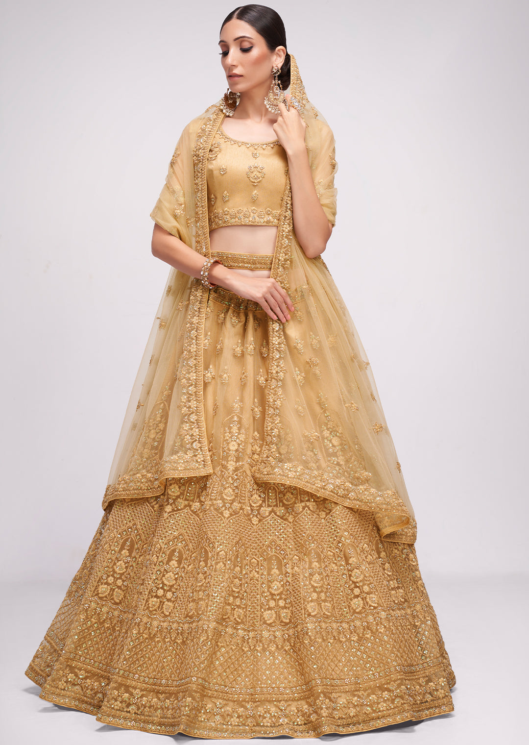 BEIGE HEAVY EMBROIDERED PREMIUM NET DESIGNER LEHENGA