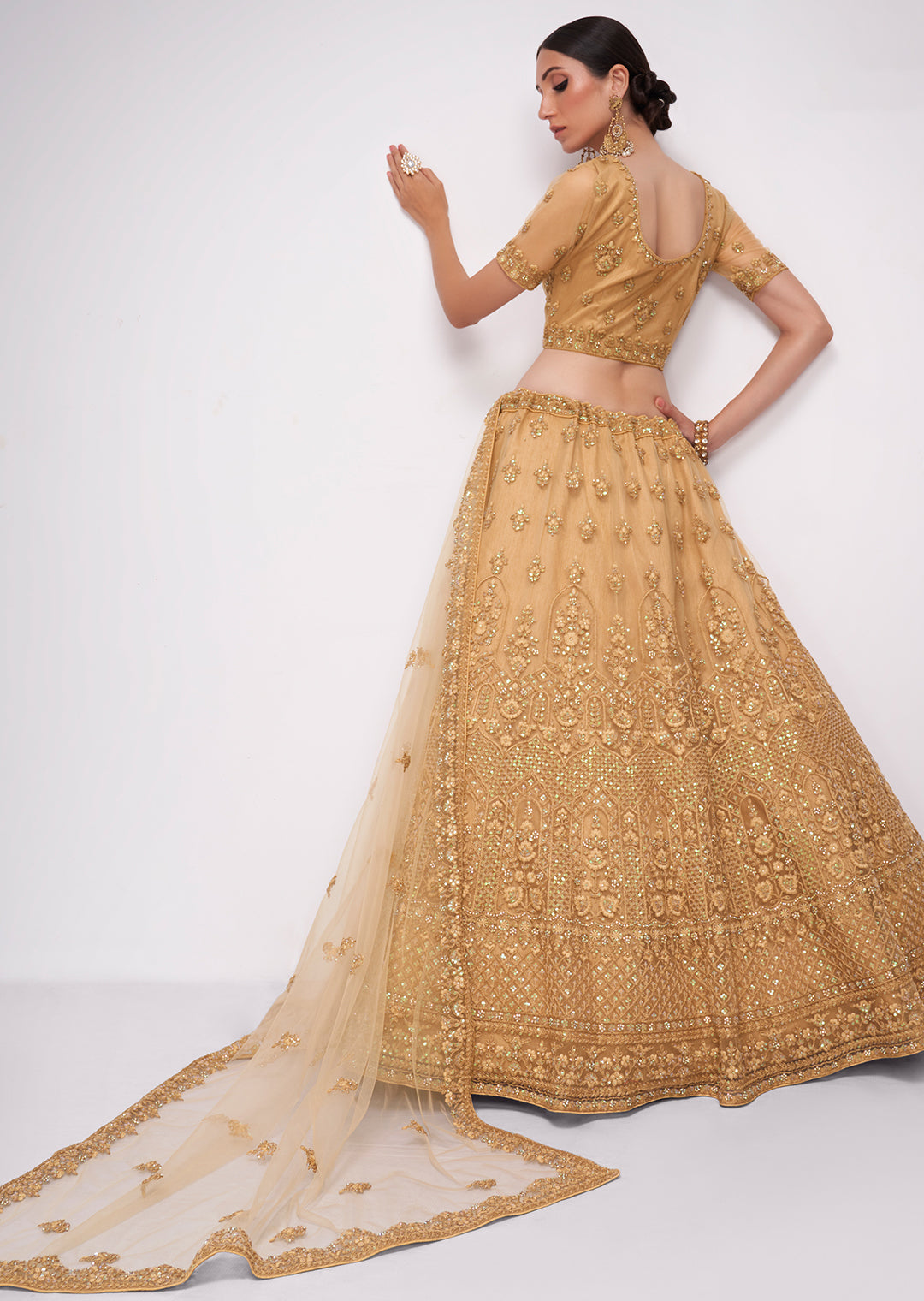 BEIGE HEAVY EMBROIDERED PREMIUM NET DESIGNER LEHENGA