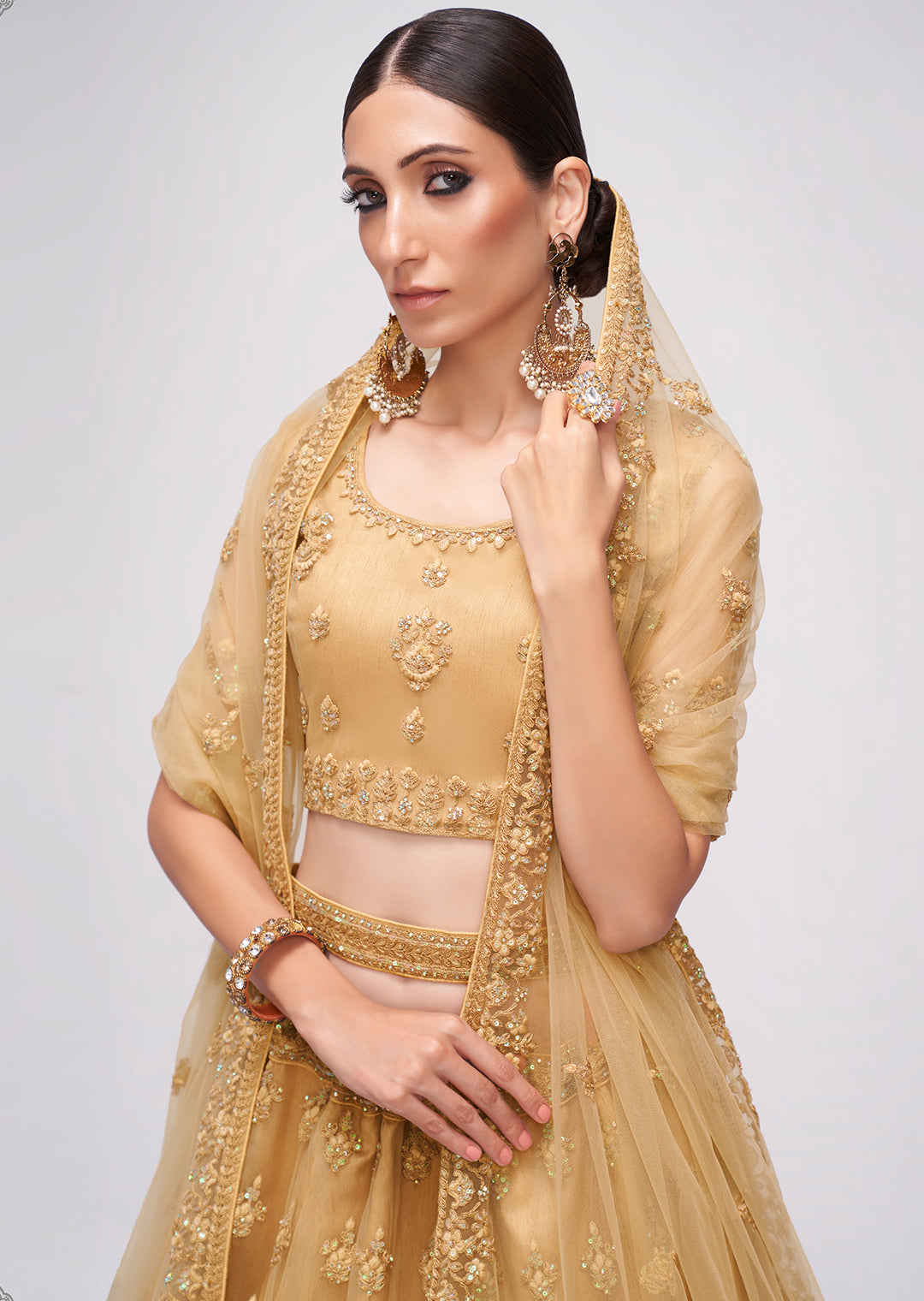 BEIGE HEAVY EMBROIDERED PREMIUM NET DESIGNER LEHENGA