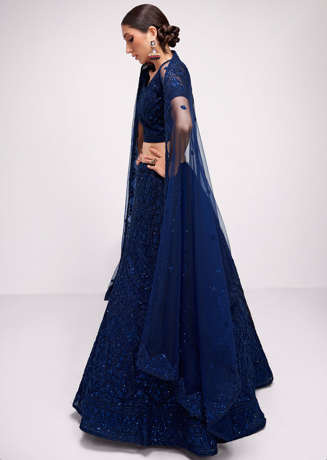 NAVY BLUE HEAVY EMBROIDERED PREMIUM NET DESIGNER LEHENGA