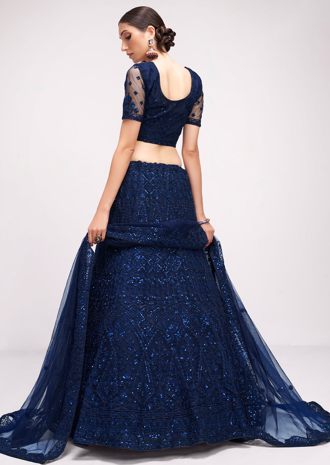 NAVY BLUE HEAVY EMBROIDERED PREMIUM NET DESIGNER LEHENGA