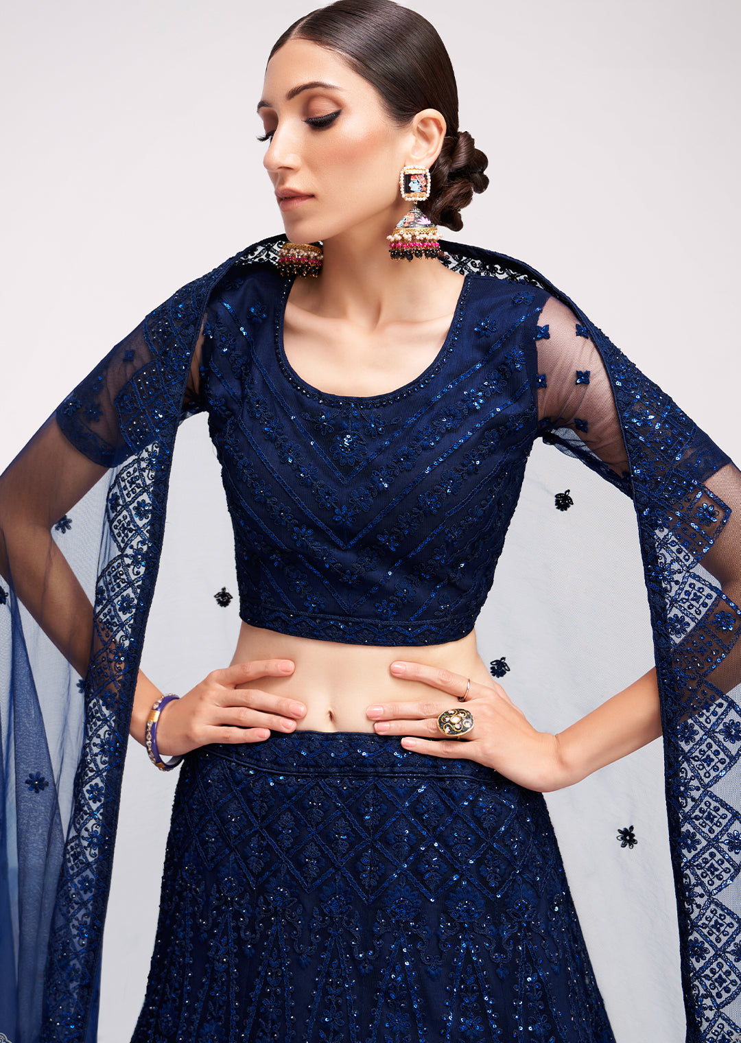 NAVY BLUE HEAVY EMBROIDERED PREMIUM NET DESIGNER LEHENGA