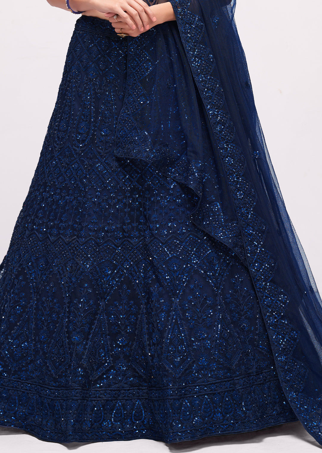 NAVY BLUE HEAVY EMBROIDERED PREMIUM NET DESIGNER LEHENGA