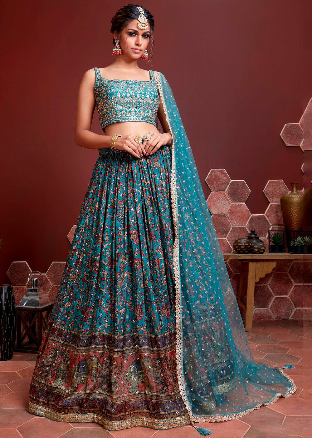 Buy VKARAN Women's Bangalore Silk Turquoise Embroidery Lehengha  Choli(LG-Pramukh-TwinsBirds-MAY21) at Amazon.in