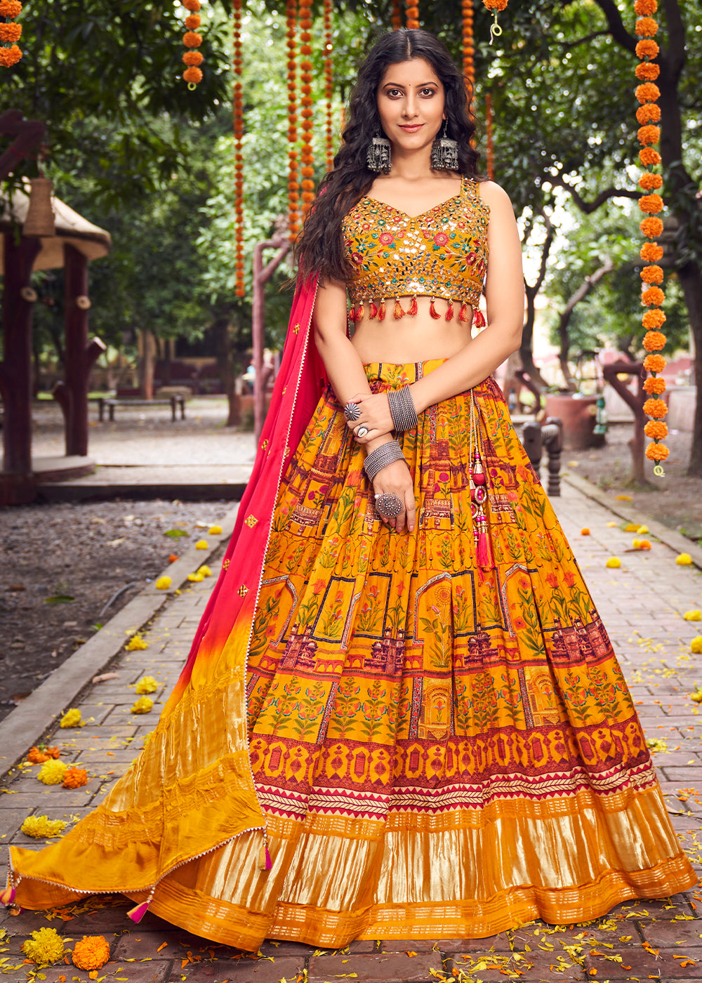 Buy Yellow Chanderi Tissue And Raw Silk Ganga Waistband Lehenga Set For  Women by Pallavi Poddar Online at Aza Fashions.