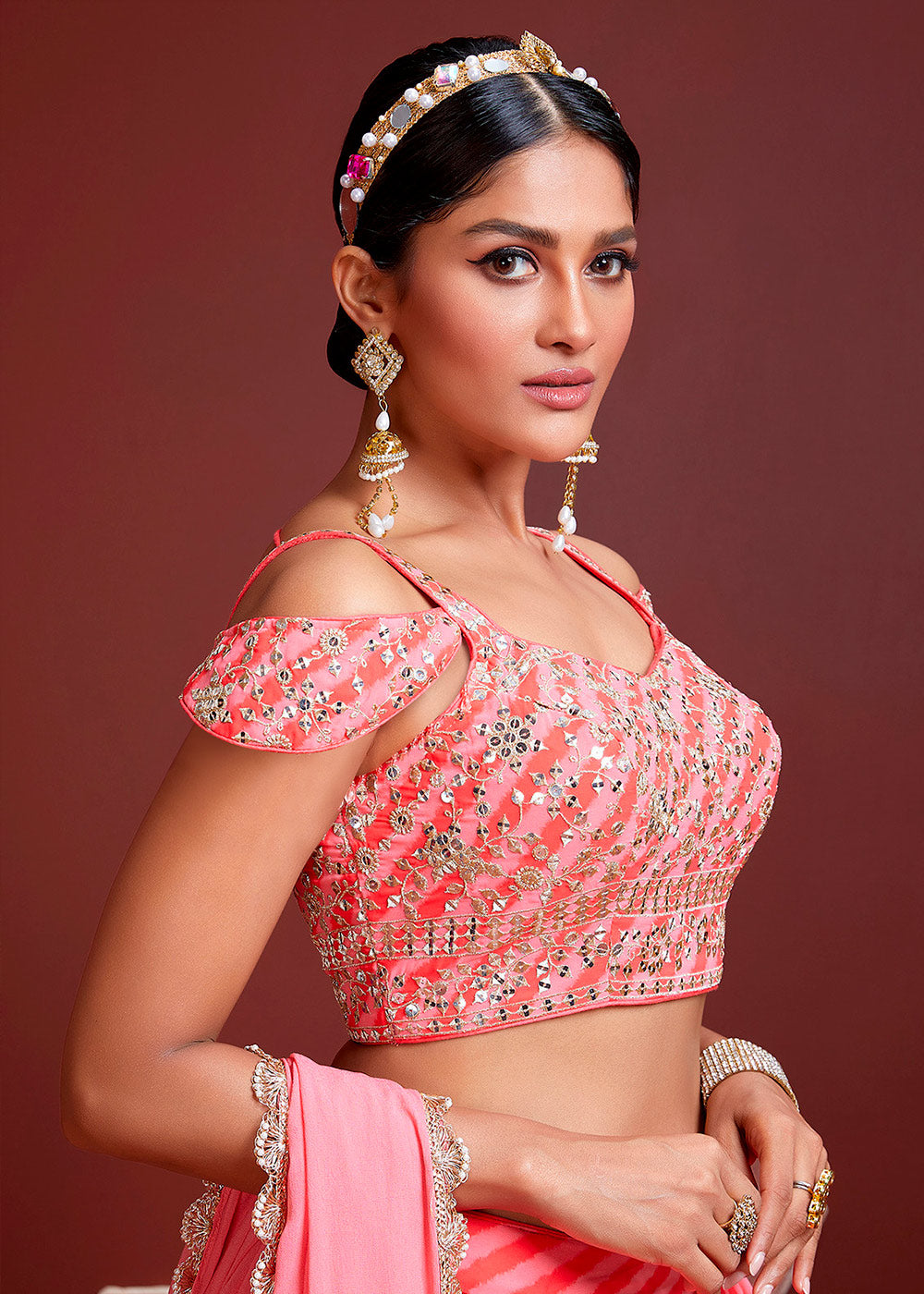 SALMON ORANGE SILK LEHENGA WITH HEAVY EMBROIDERED BLOUSE