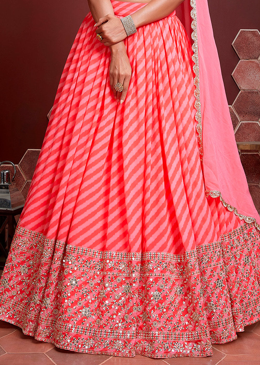 SALMON ORANGE SILK LEHENGA WITH HEAVY EMBROIDERED BLOUSE