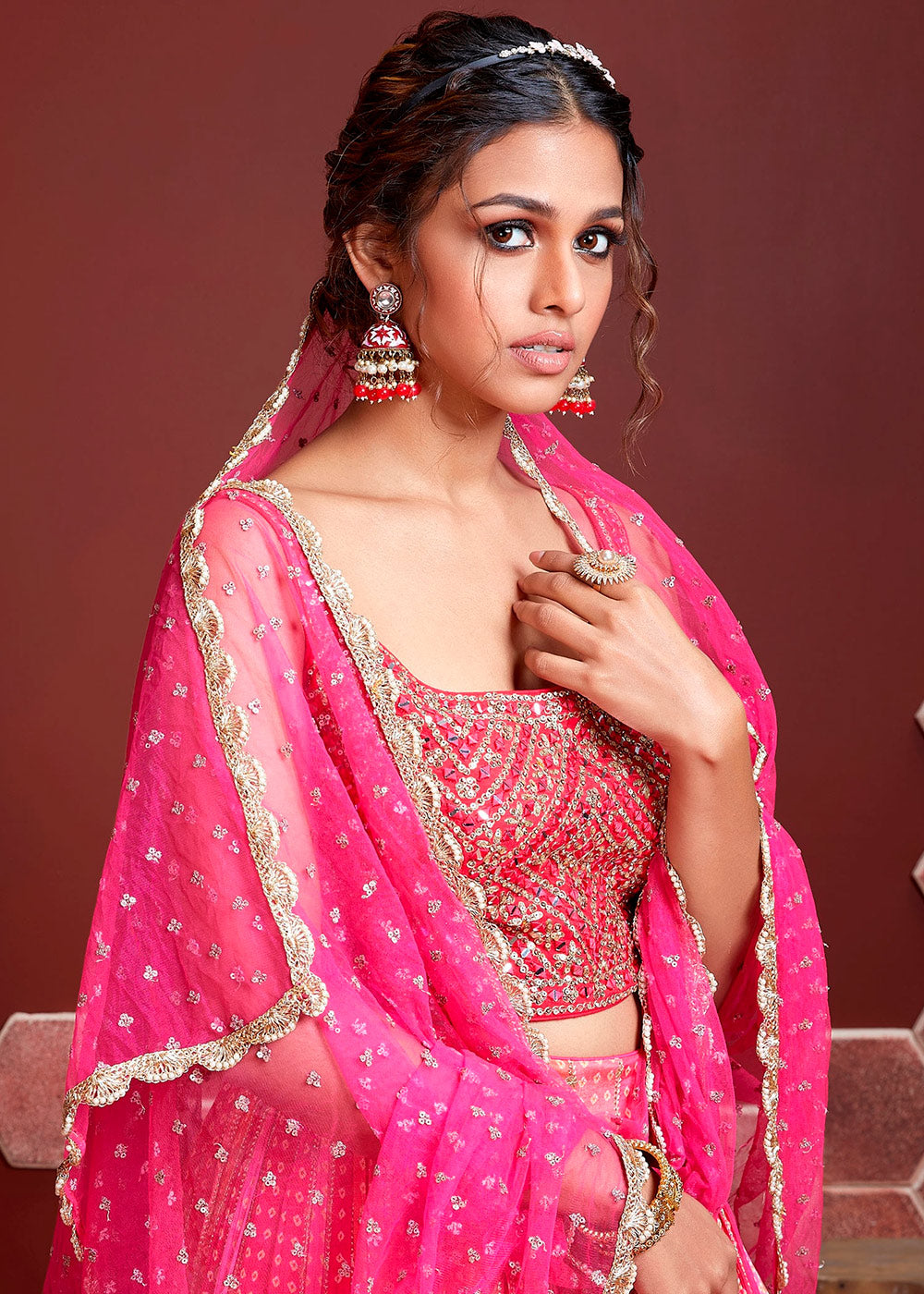 HOT SHADED PINK SILK LEHENGA WITH HEAVY EMBROIDERED BLOUSE