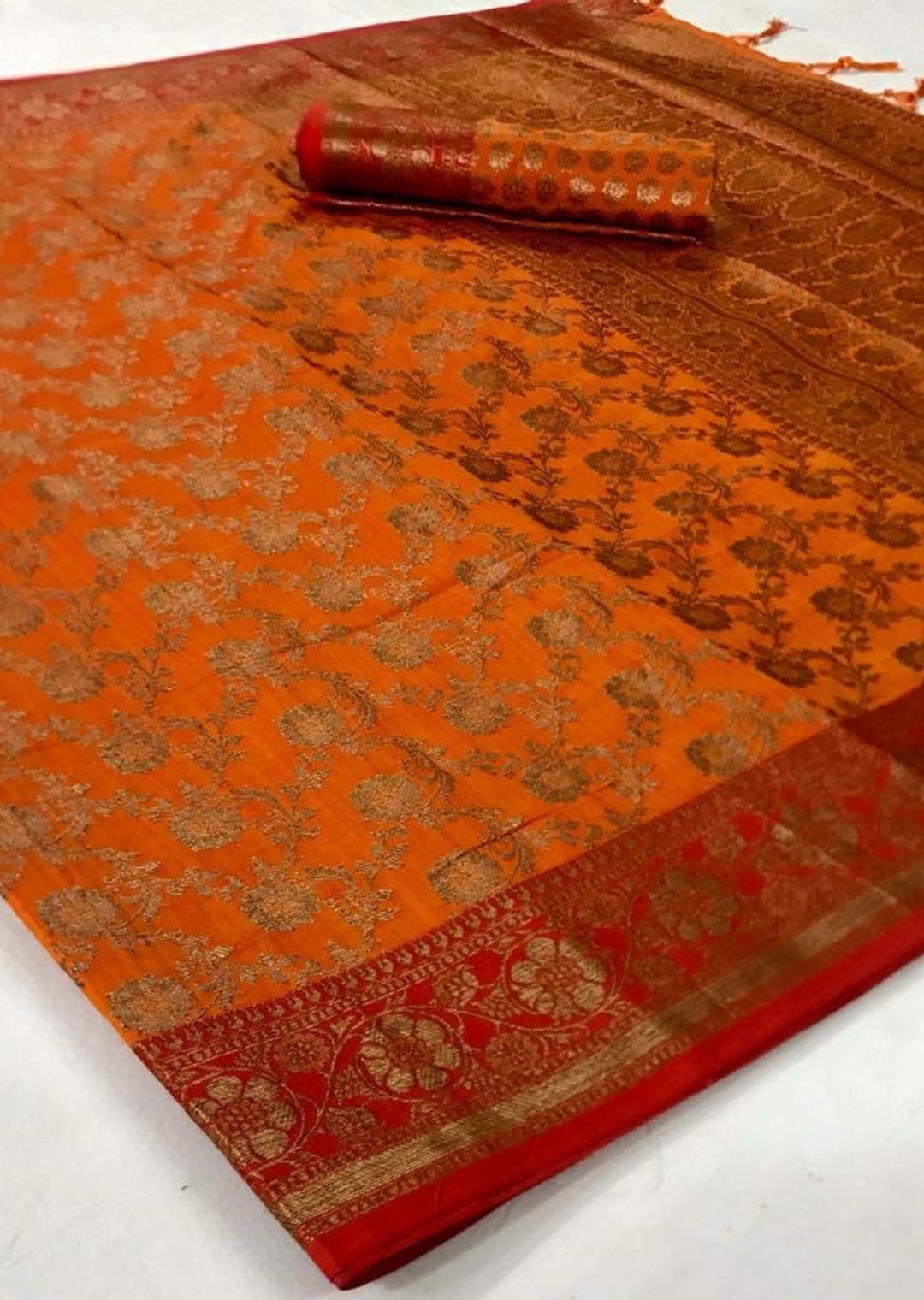 Carrot Orange Zari Woven Banarasi Silk Saree