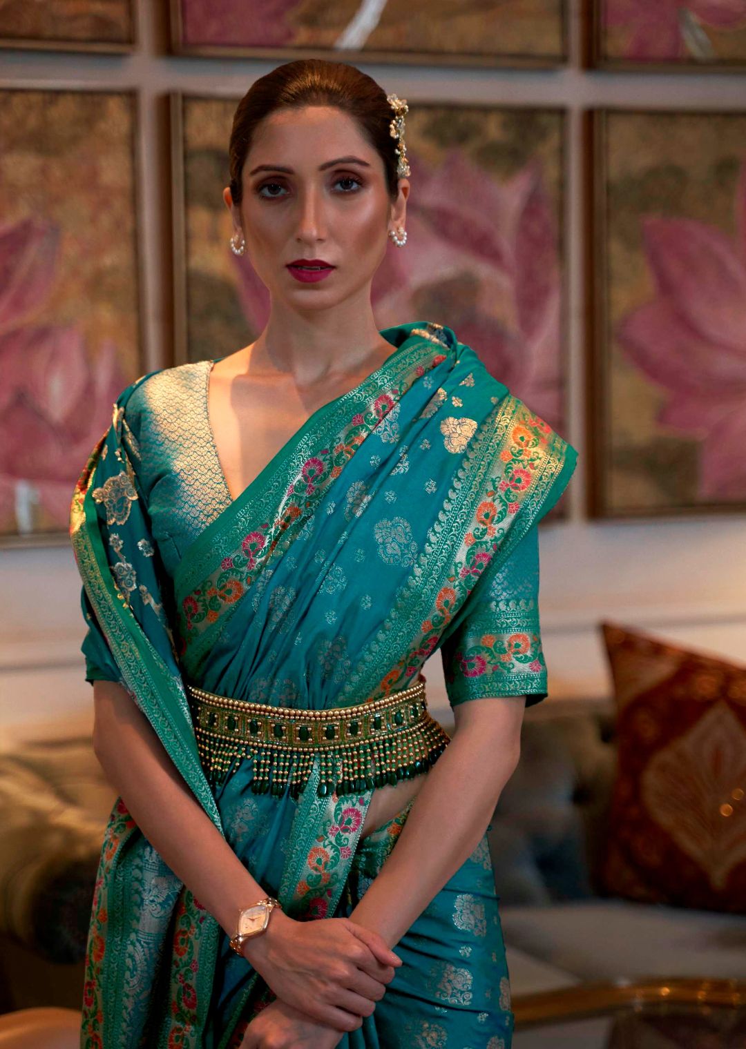 Turquoise Green Woven Handloom Zari Silk Saree