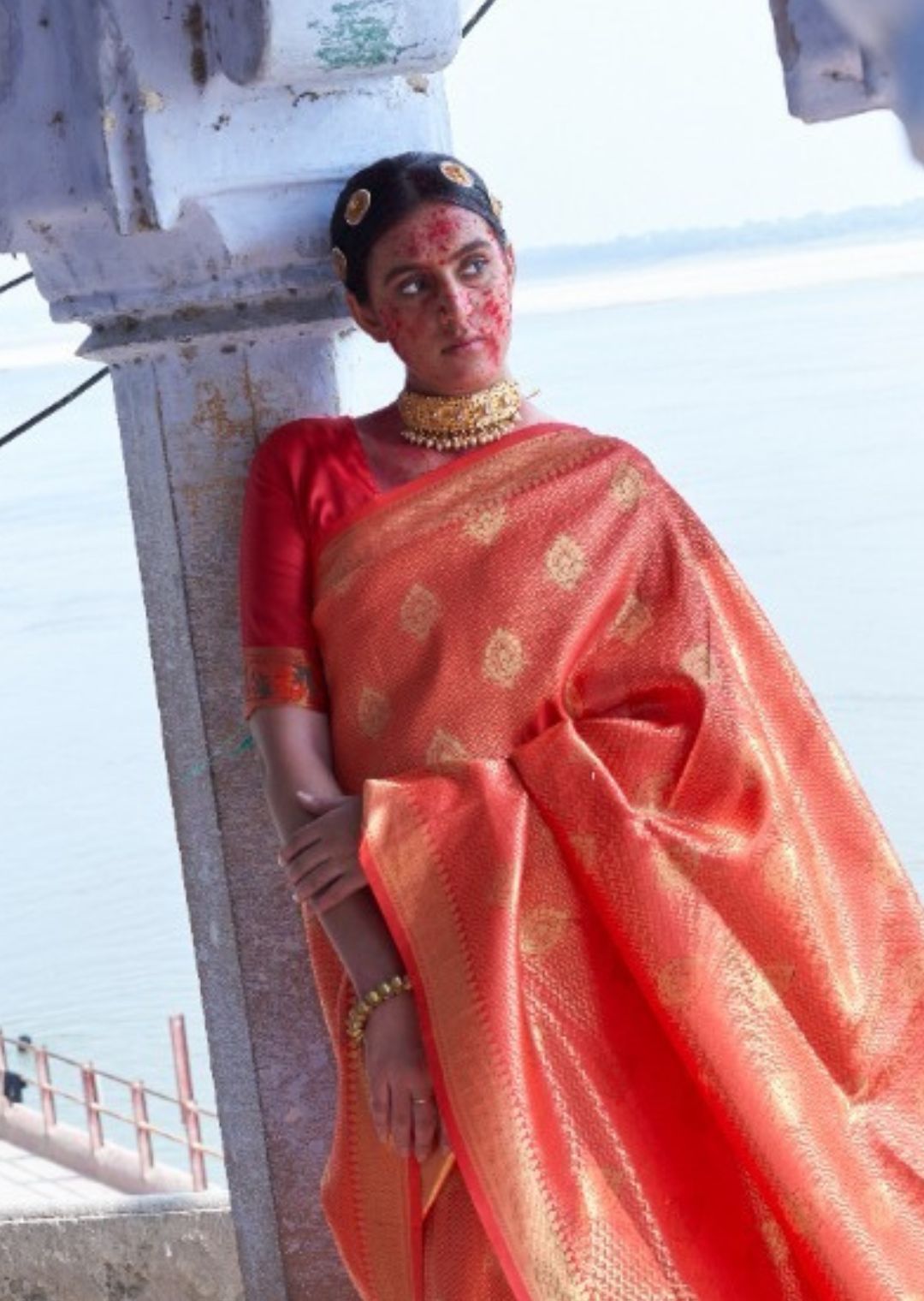 Golden Deep Orange Hand Woven Kanjivaram Silk Saree