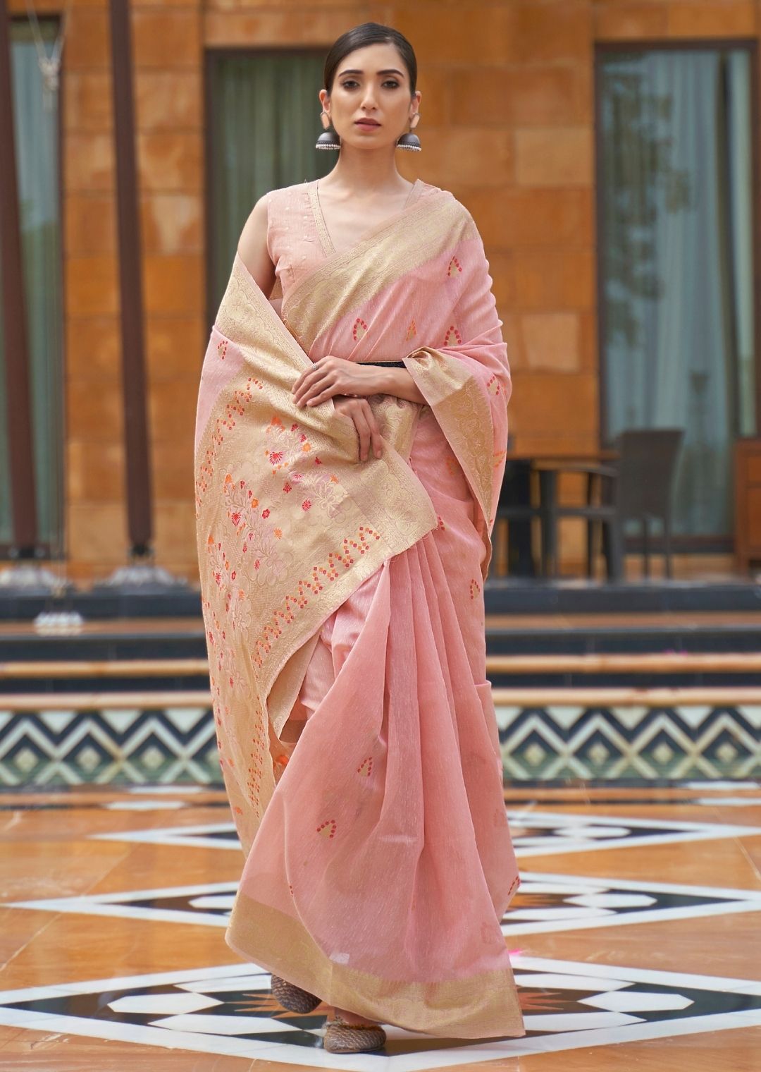 Blossom Pink Zari Woven Pure Handloom Linen Saree