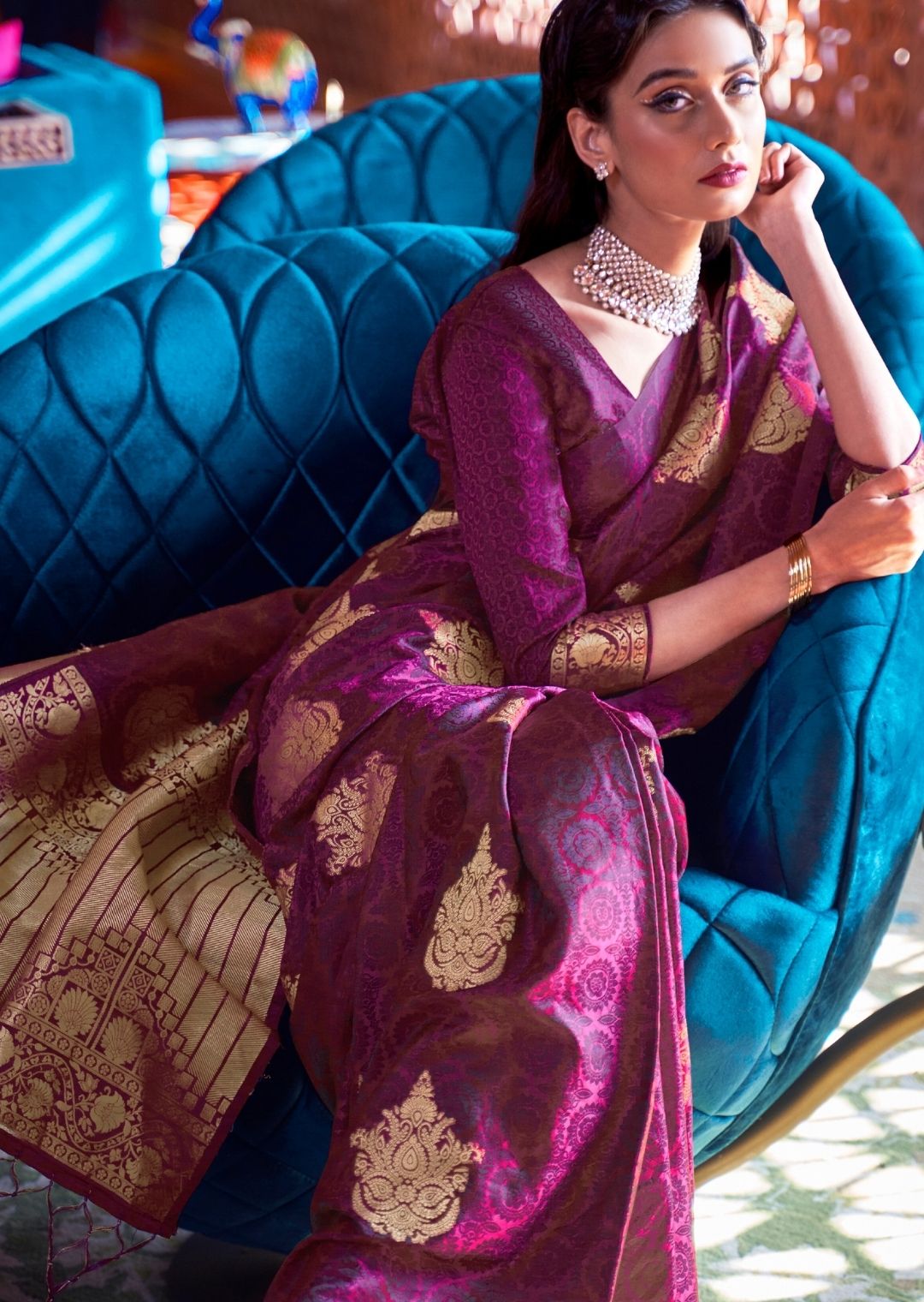 Plum Purple Woven Pure Satin Silk Saree