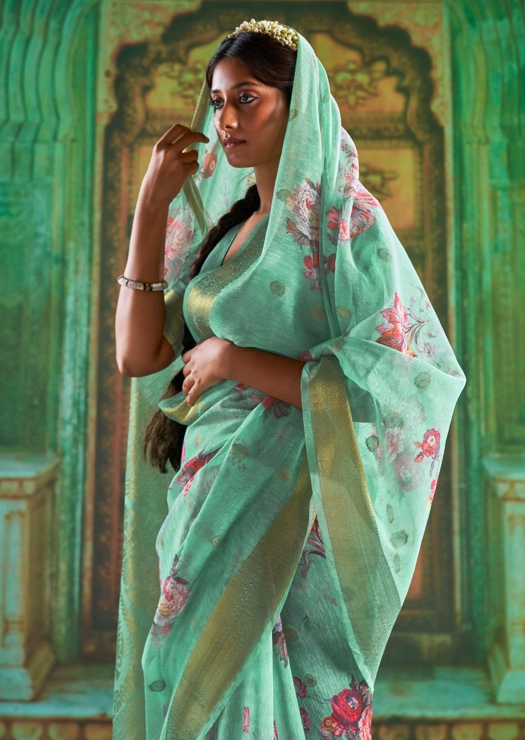 Turquoise Green Zari Woven Pure Handloom Digital Linen Saree