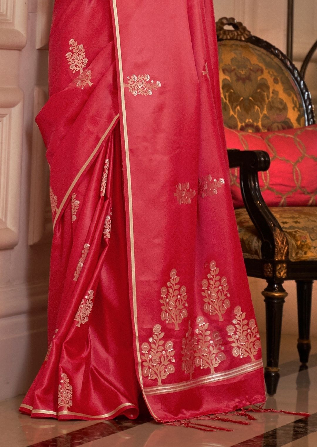 Coral Red Woven Pure Satin Silk Saree