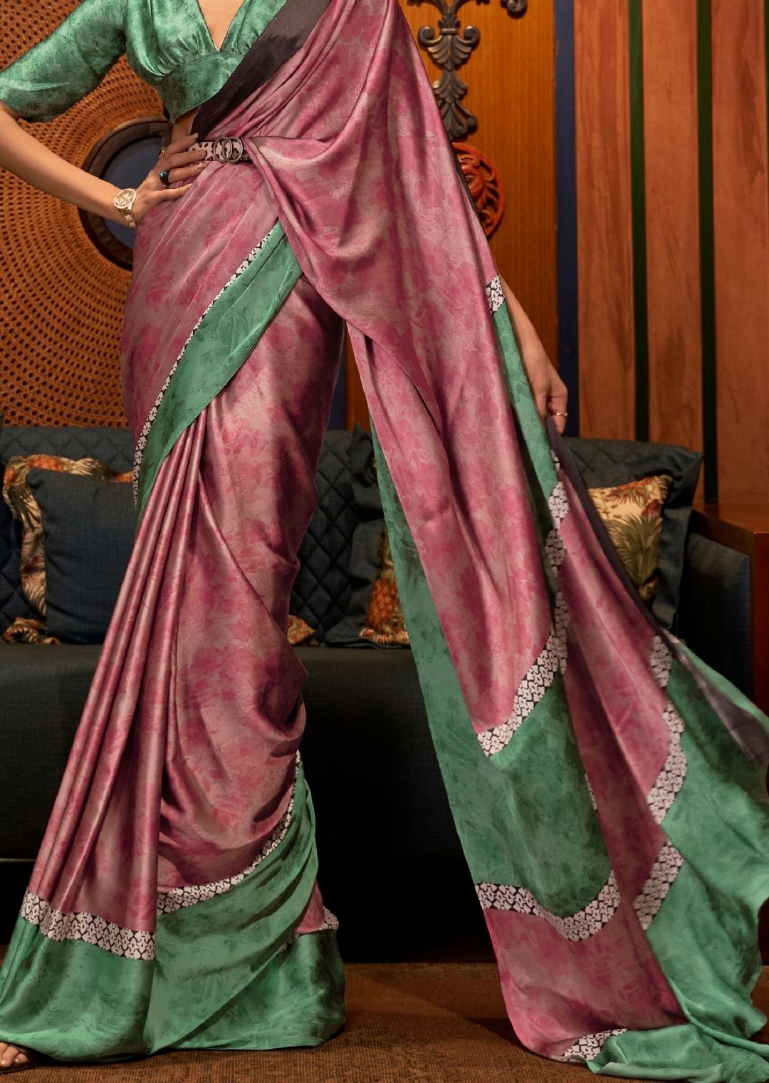 Watermelon Pink Digital Printed Satin Crepe Silk Saree