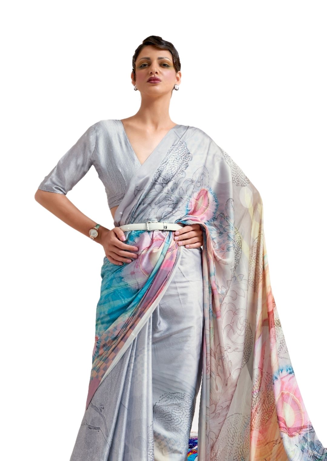 Silver Grey Digital Printed Satin Crepe Saree