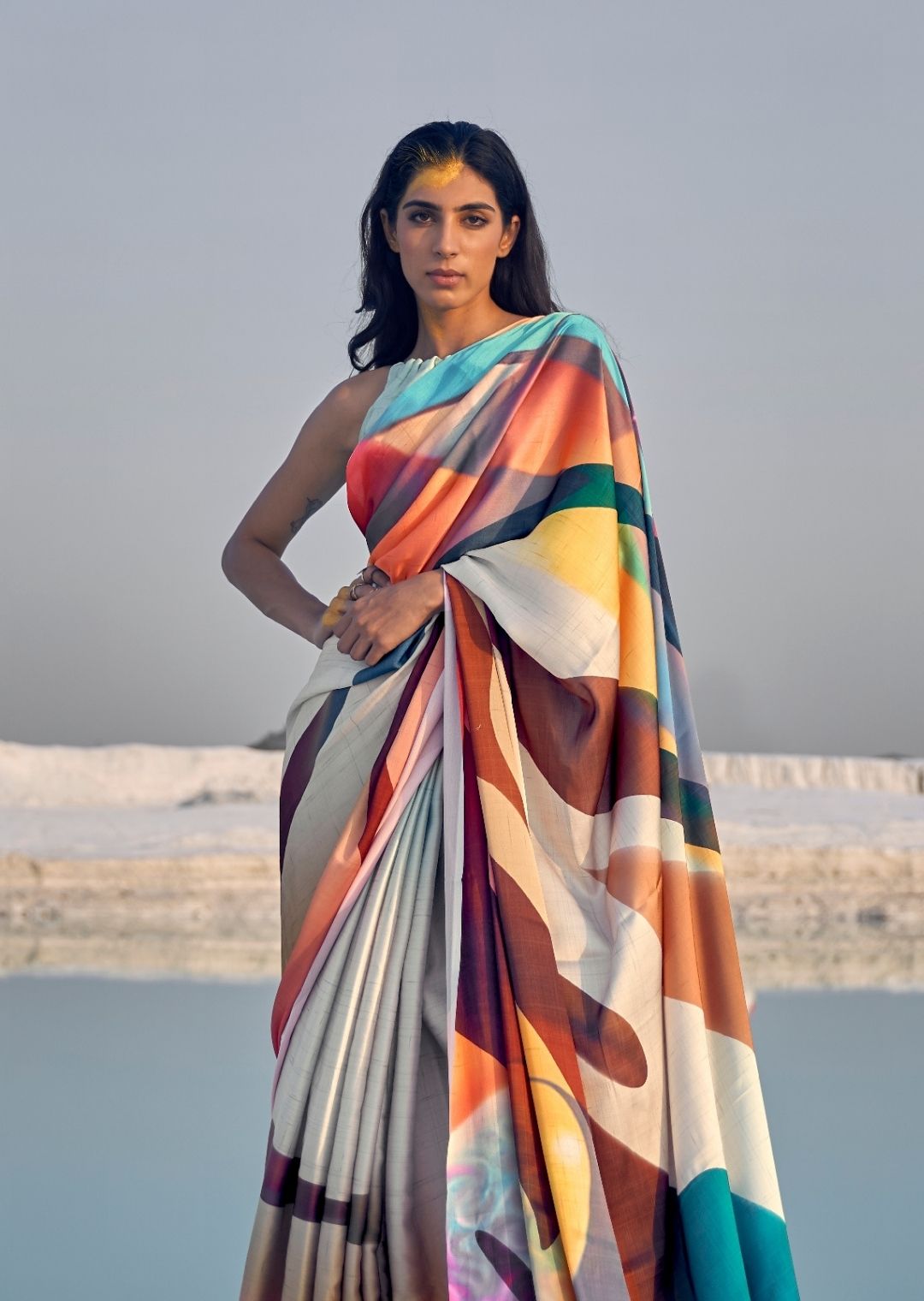 Multi Color Digital Printed Satin Crepe Saree