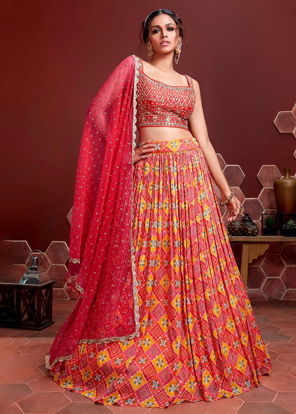 Red-Pink and Gold Bridal Lehenga Set - Anisha Shetty - East Boutique