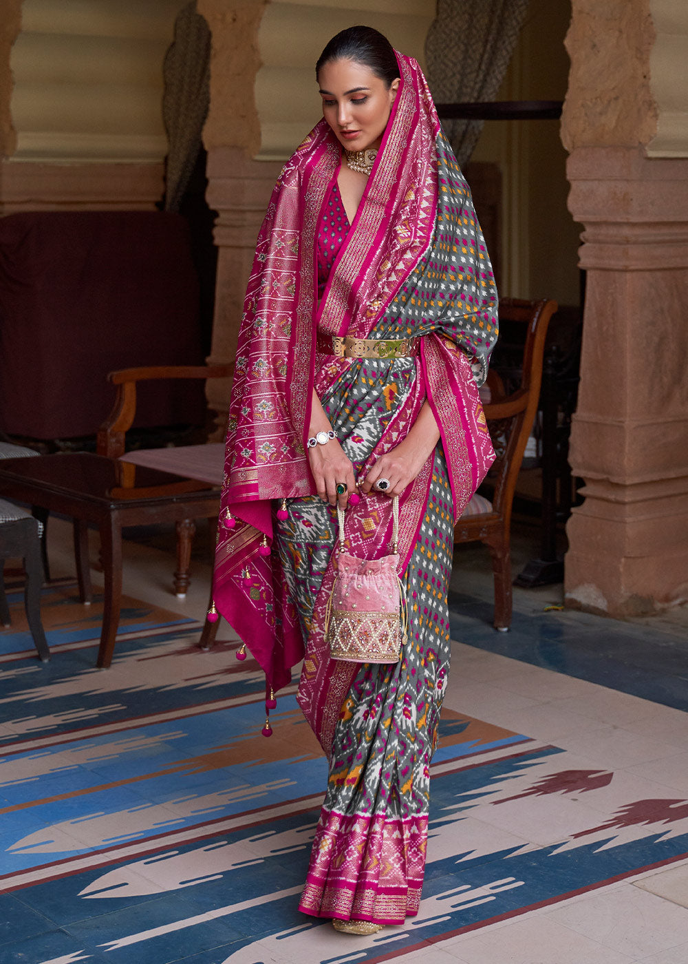 SLATE GRAY WOVEN PATOLA SILK SAREE