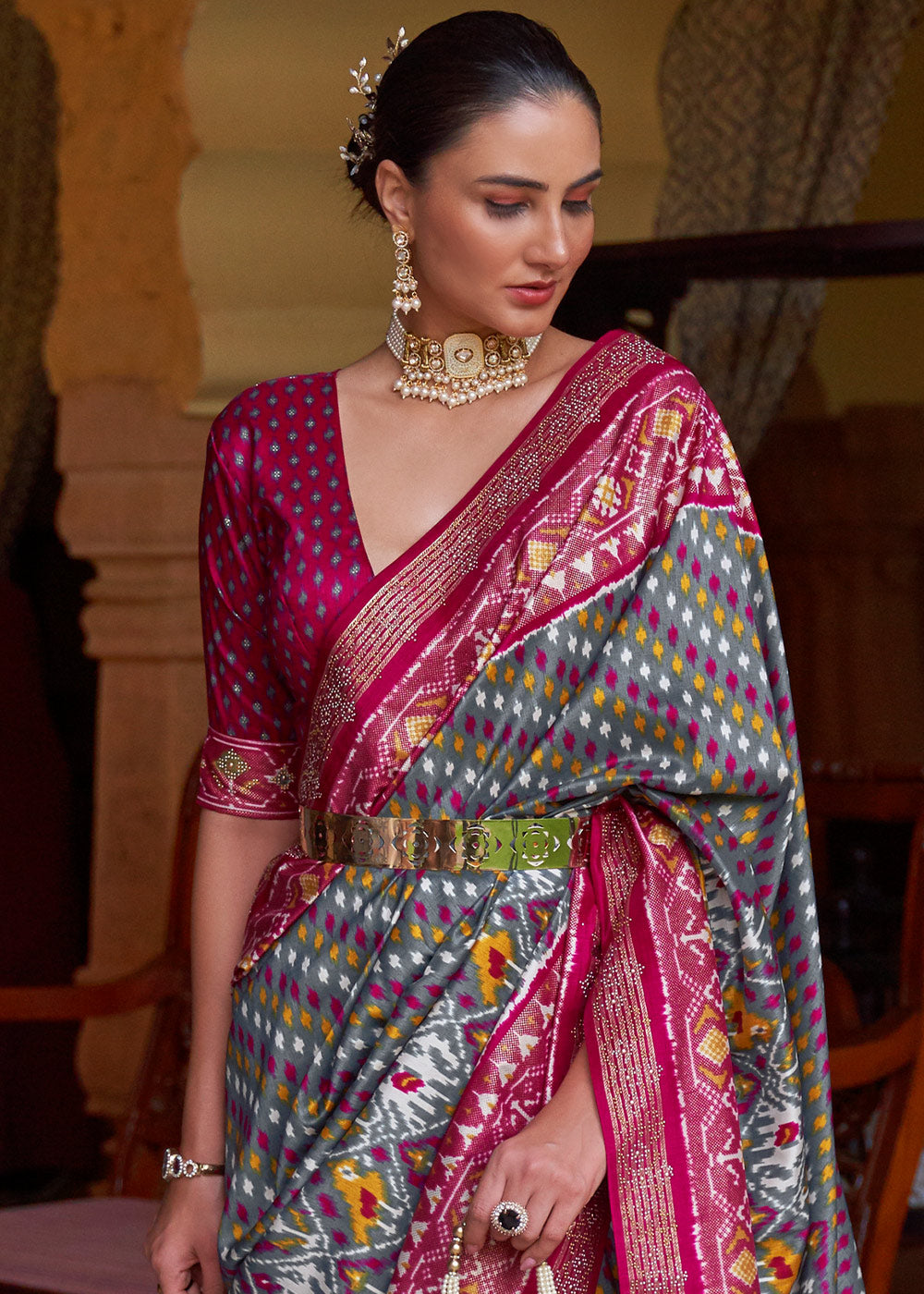 SLATE GRAY WOVEN PATOLA SILK SAREE