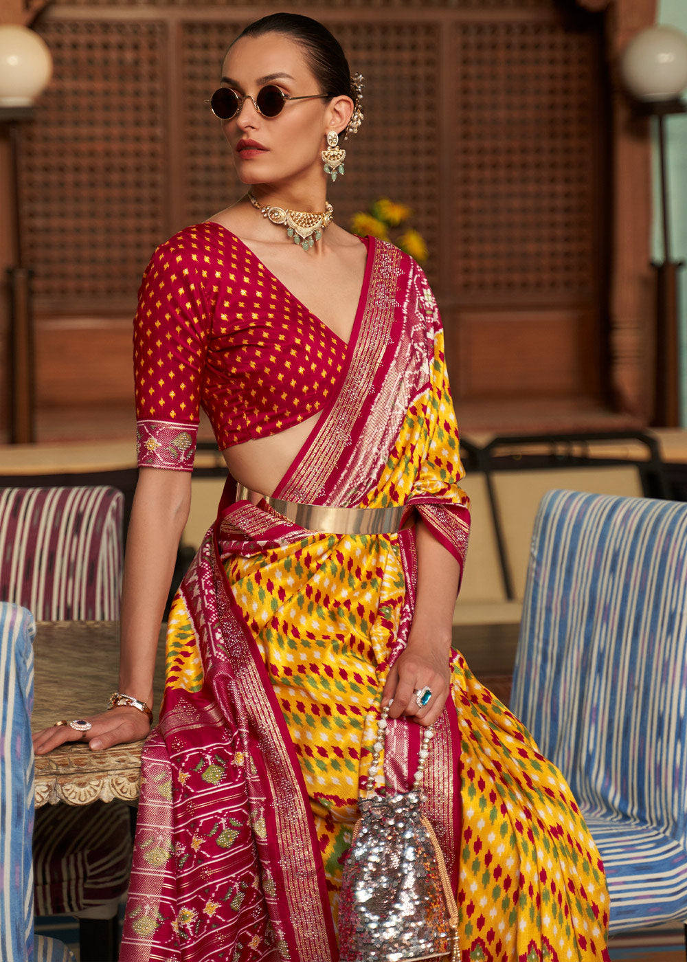 MUSTARD YELLOW WOVEN PATOLA SILK SAREE