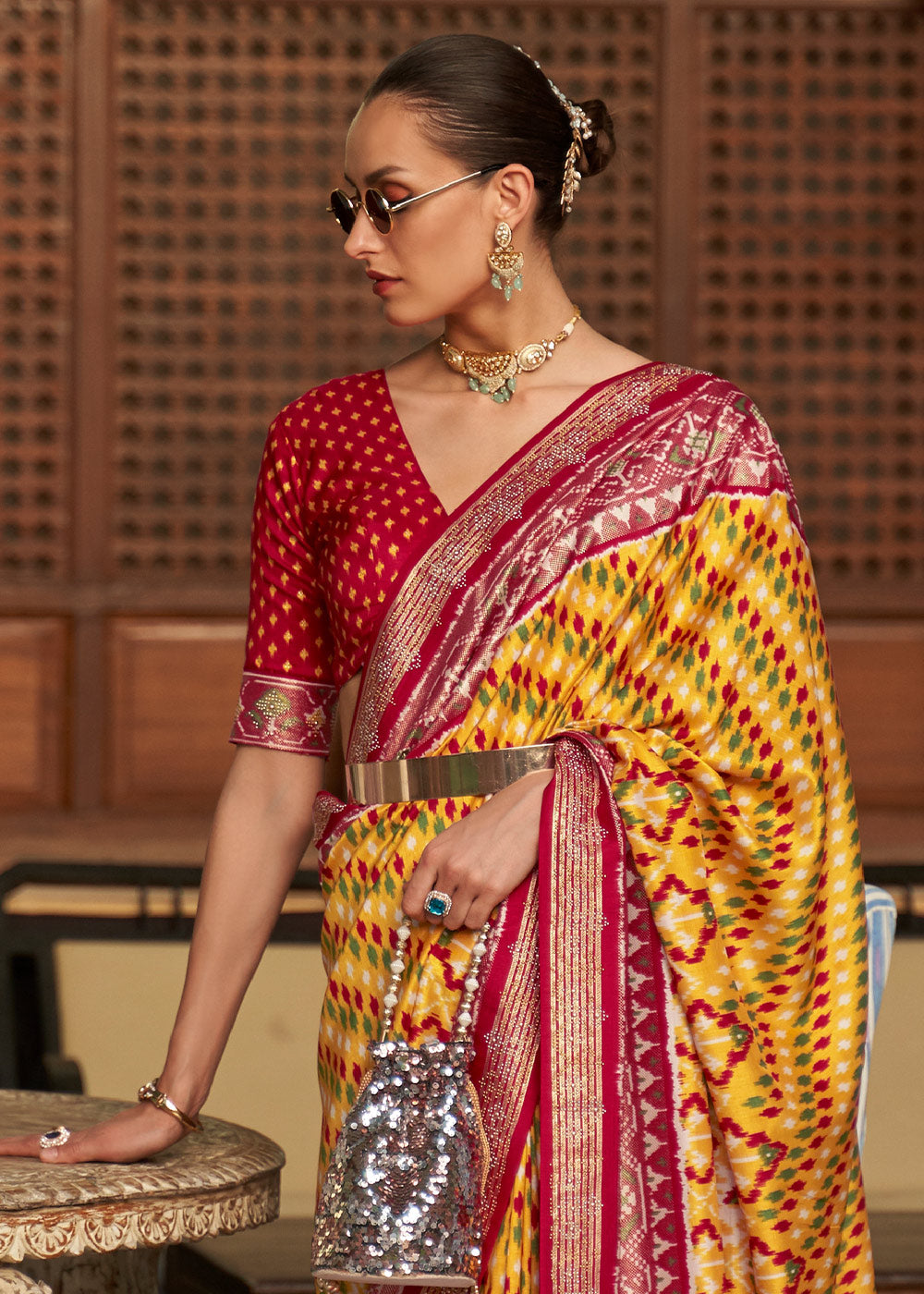 MUSTARD YELLOW WOVEN PATOLA SILK SAREE