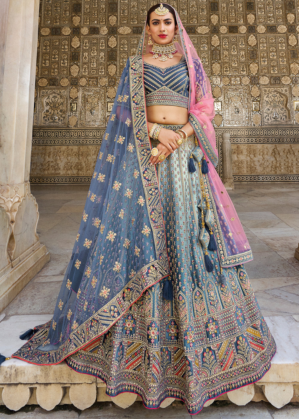 Royal Blue Color Indian Wedding Designer Bridal Velvet Handwork lehenga  choli for Bridal with Cotton thread embroidery work. - sethnik.com