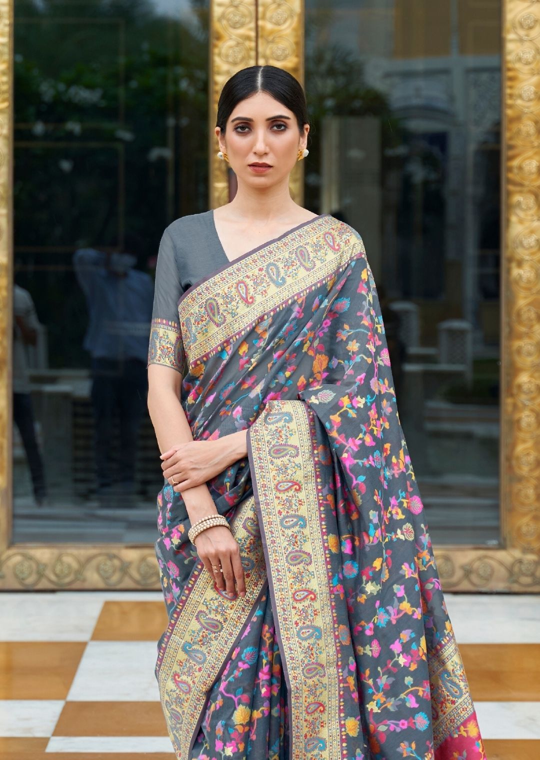 Steal Gray Woven Kashmiri Jamewar Silk Saree