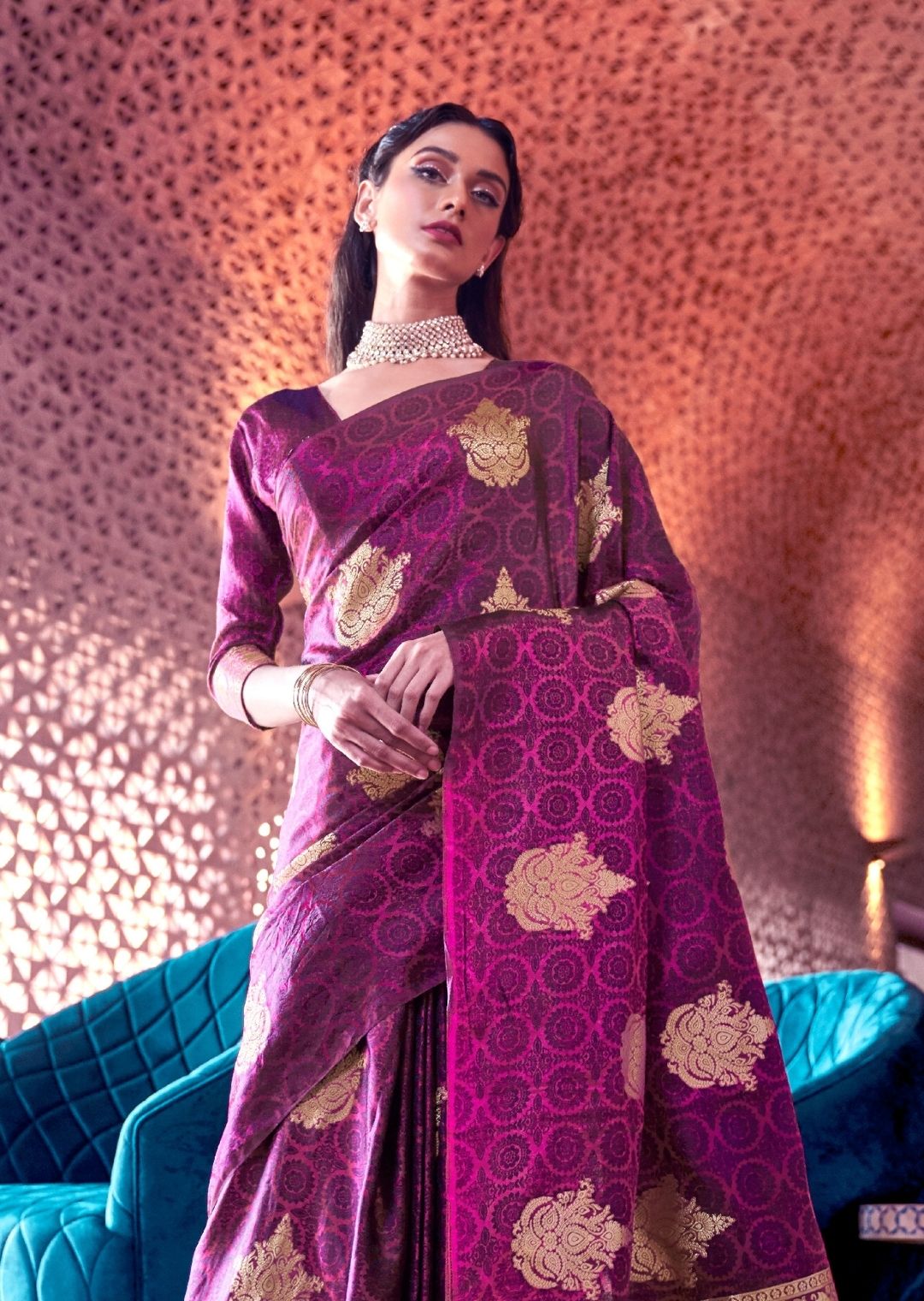 Plum Purple Woven Pure Satin Silk Saree