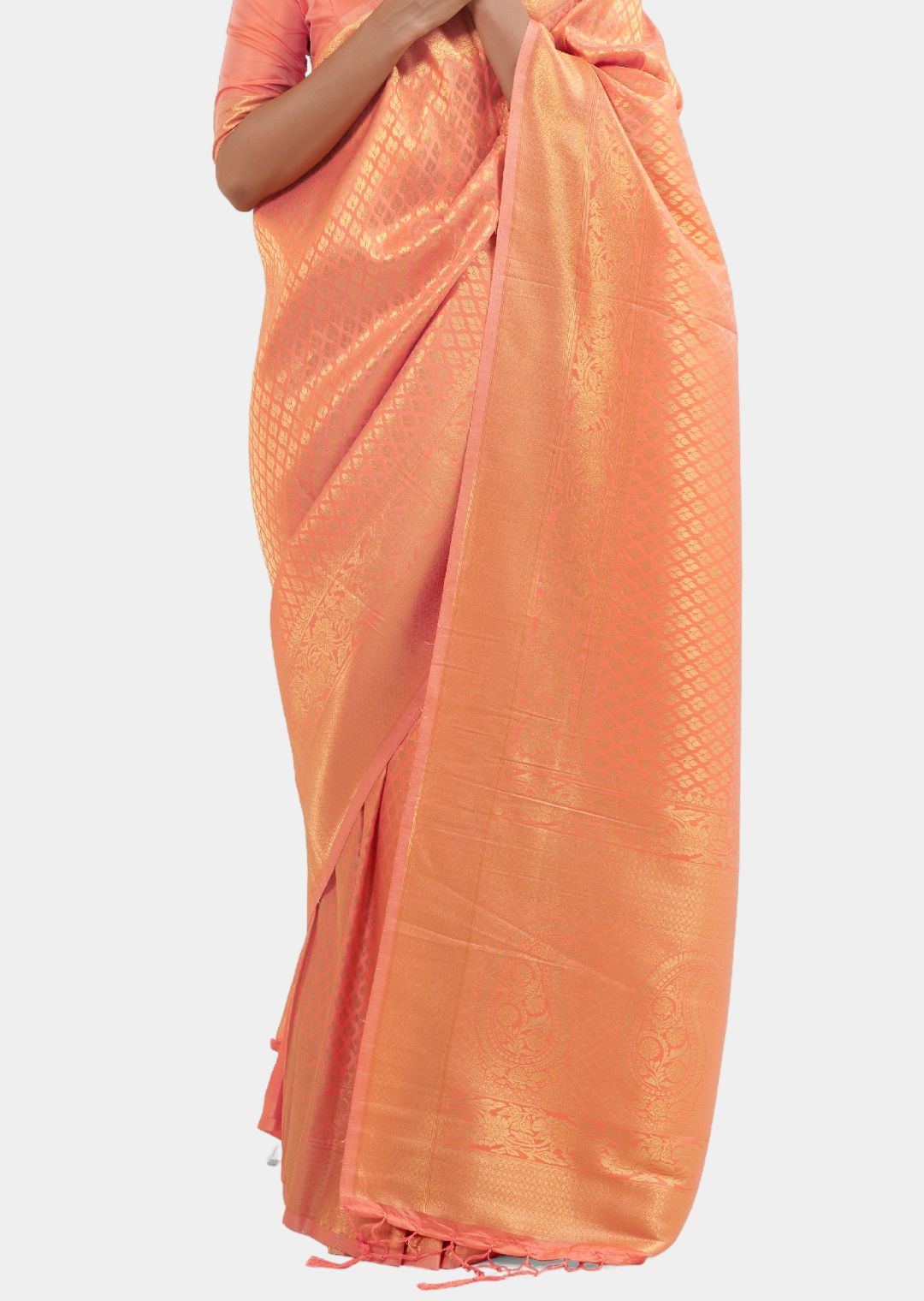 Salmon Peach Hand Woven Kanjivaram Silk Saree