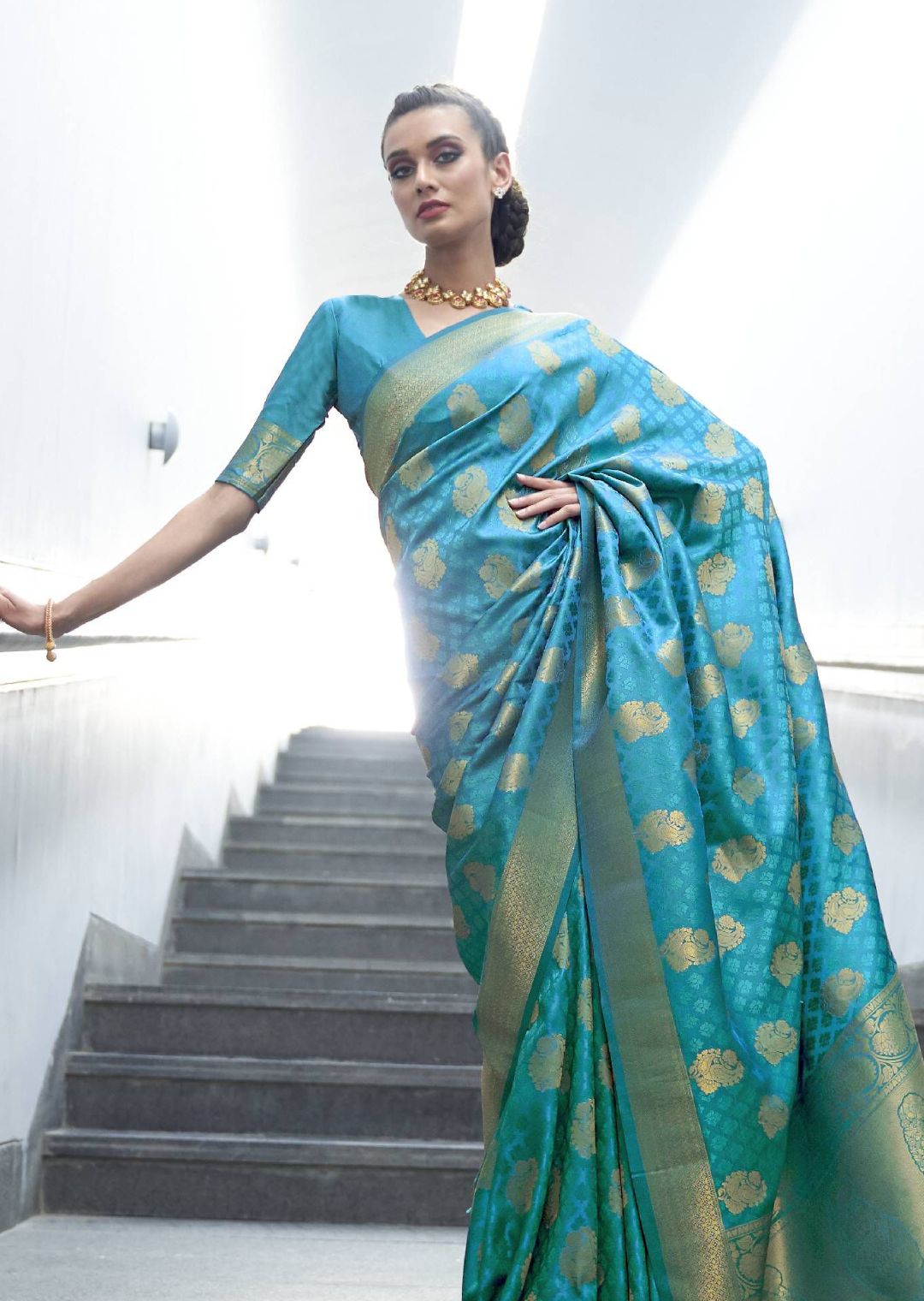 Aqua Blue Hand Woven Kanjivaram Silk Saree